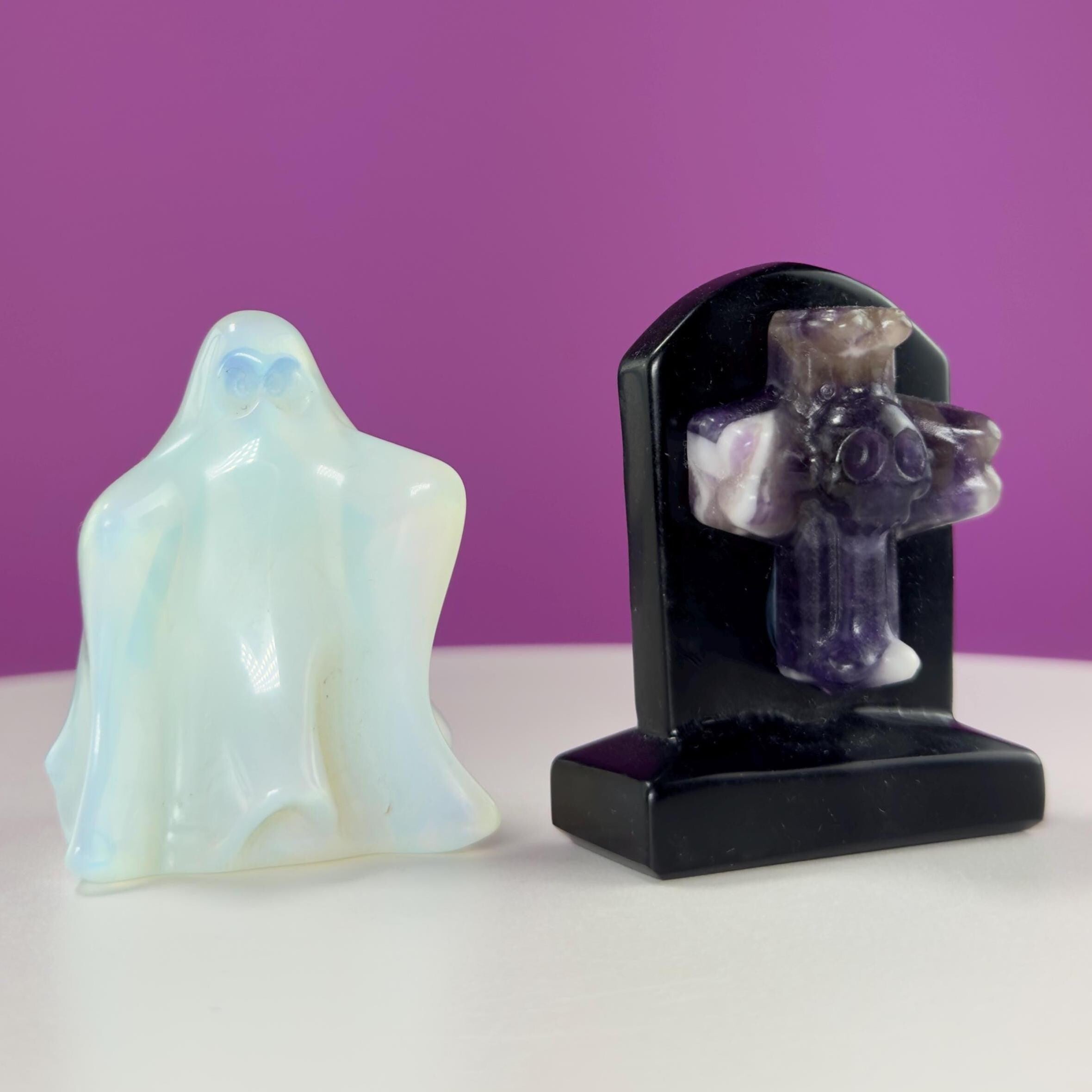 Opalite Ghost & Obsidian Headstone with Amethyst Skull Cross Set