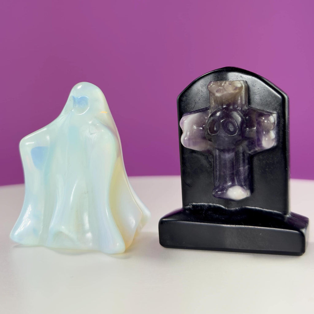 Opalite Ghost & Obsidian Headstone with Amethyst Skull Cross Set