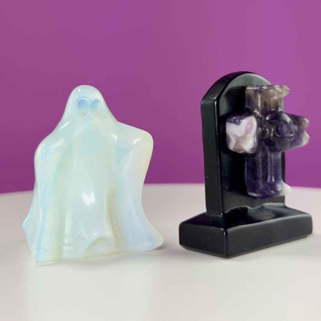 Opalite Ghost & Obsidian Headstone with Amethyst Skull Cross Set