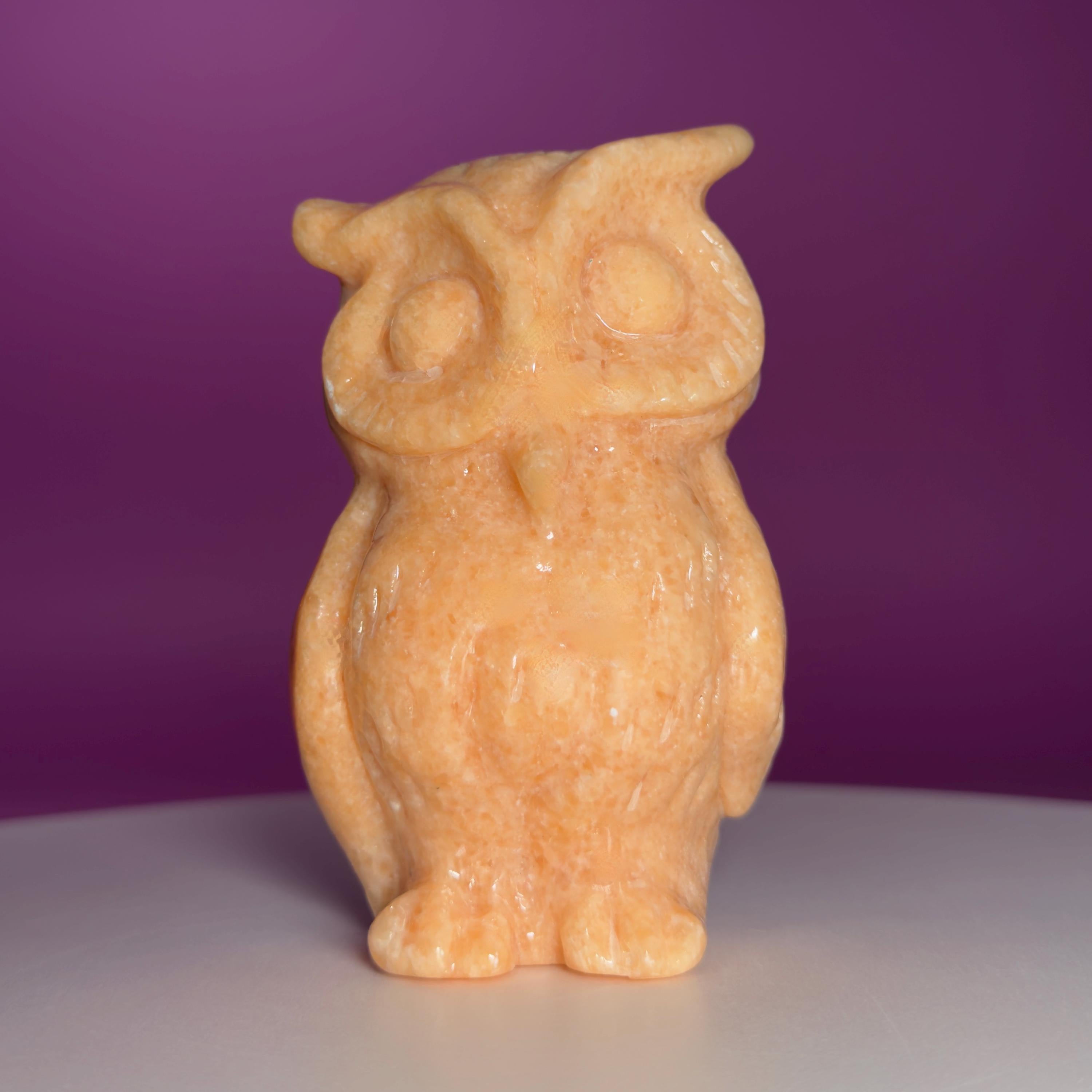 Orange Calcite Owl Carving | Natural Crystal Owl | Wisdom Decor | 4.14 Inch Collector Piece