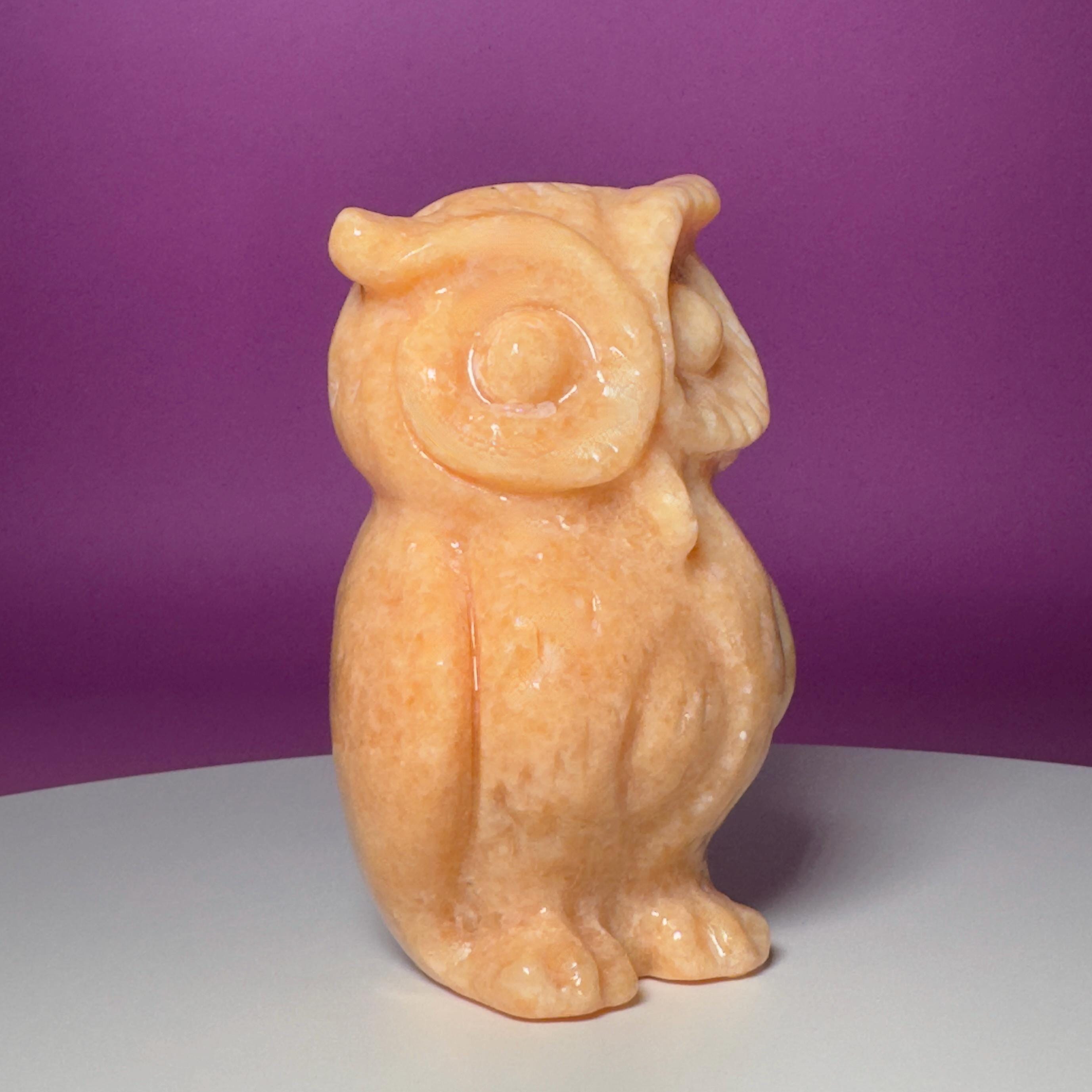 Orange Calcite Owl Carving | Natural Crystal Owl | Wisdom Decor | 4.14 Inch Collector Piece