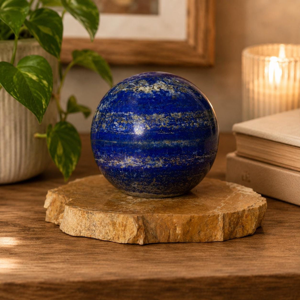 Lapis Lazuli Sphere on Petrified Wood Stand | Collector Quality Blue Crystal Display | One of a Kind | Akoni Crystals
