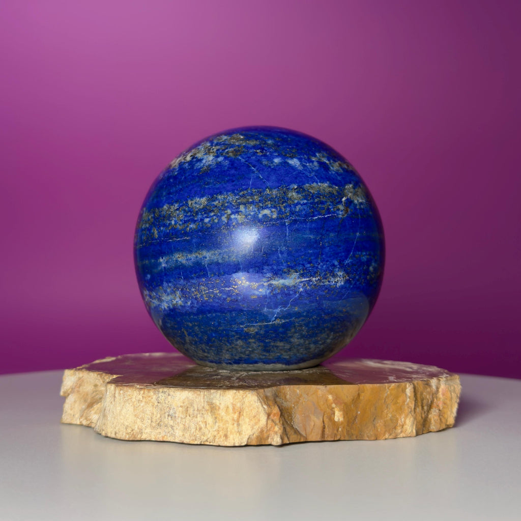 Lapis Lazuli Sphere on Petrified Wood Stand | Collector Quality Blue Crystal Display | One of a Kind | Akoni Crystals