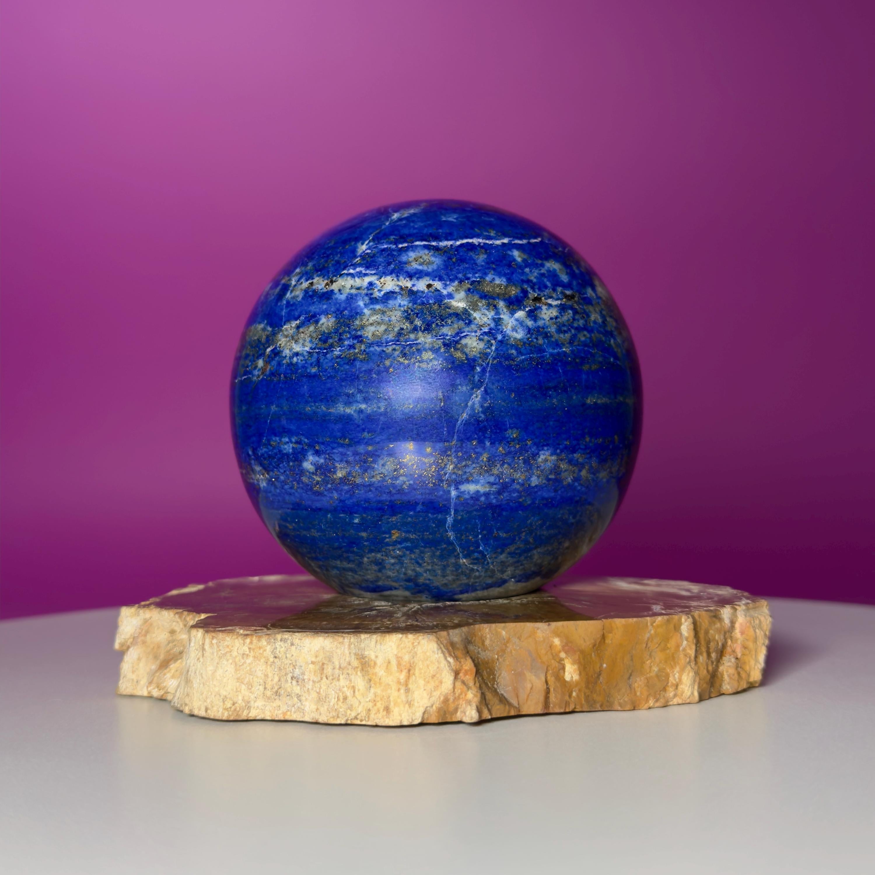 Lapis Lazuli Sphere on Petrified Wood Stand | Collector Quality Blue Crystal Display | One of a Kind | Akoni Crystals