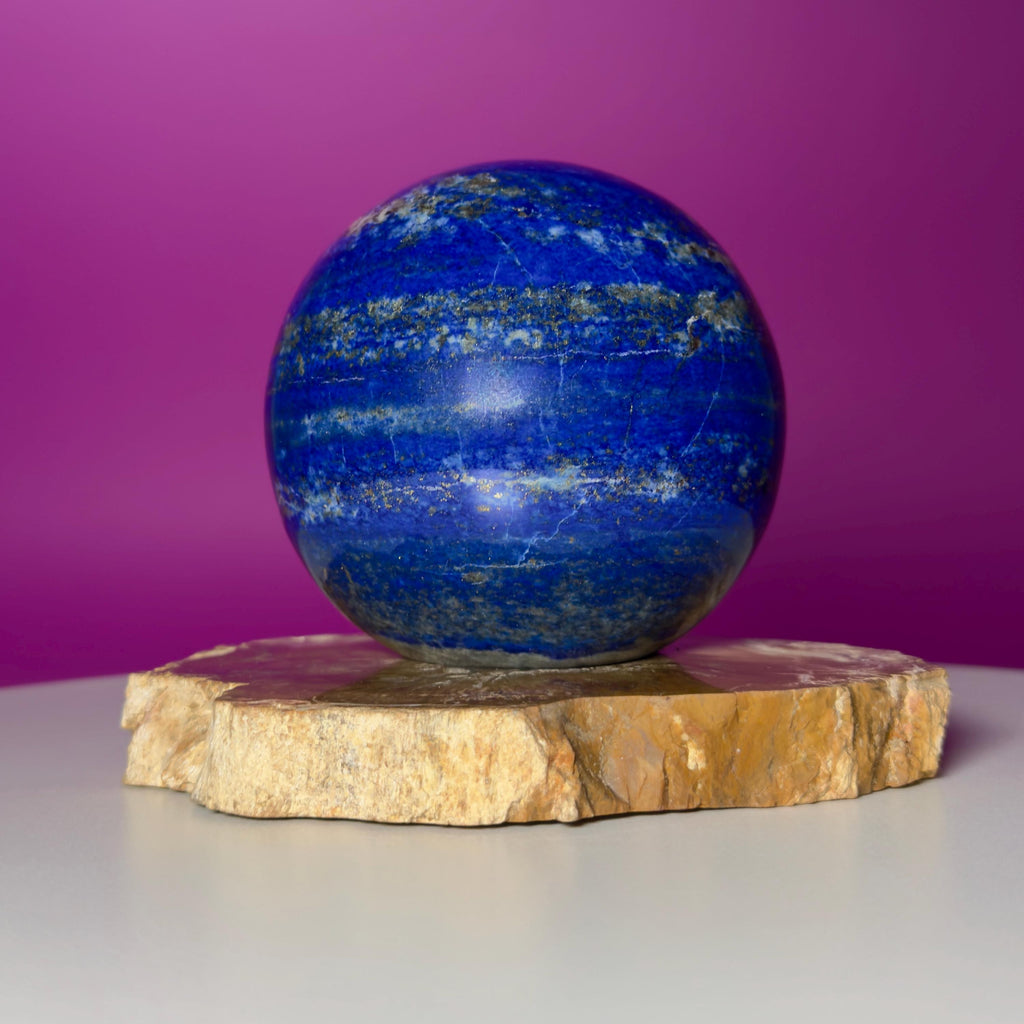 Lapis Lazuli Sphere on Petrified Wood Stand | Collector Quality Blue Crystal Display | One of a Kind | Akoni Crystals