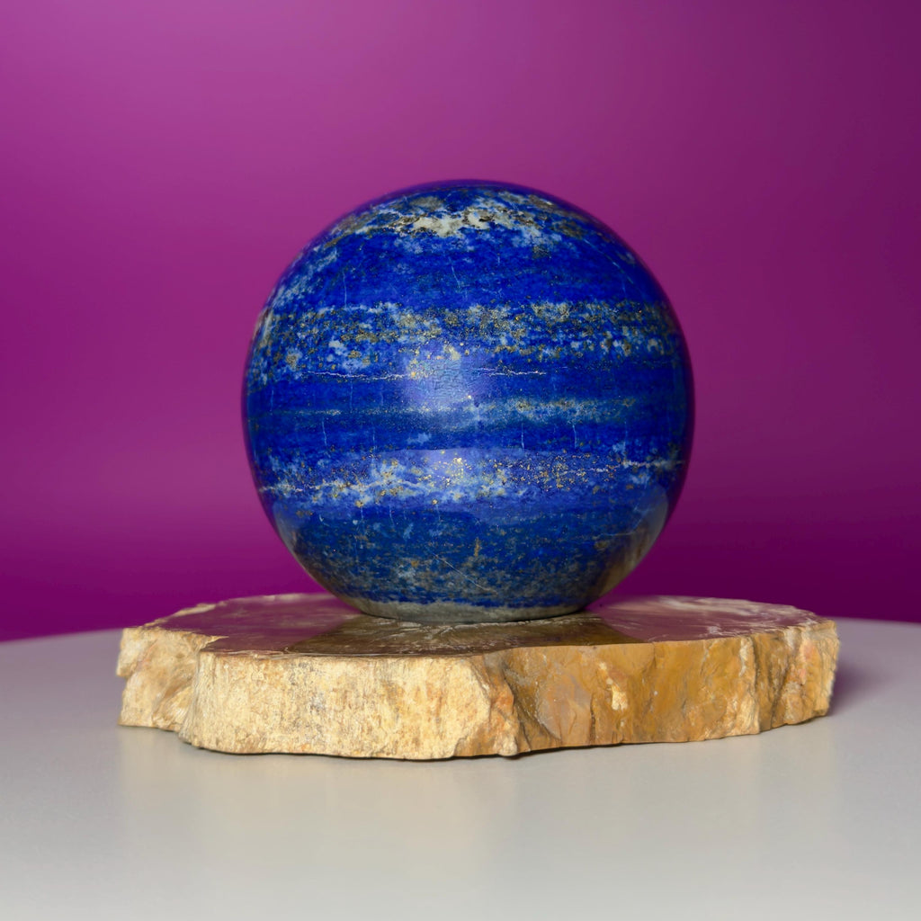 Lapis Lazuli Sphere on Petrified Wood Stand | Collector Quality Blue Crystal Display | One of a Kind | Akoni Crystals