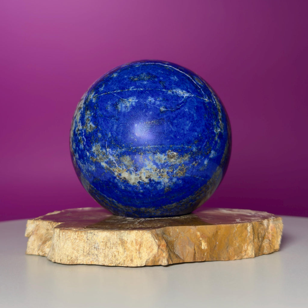 Lapis Lazuli Sphere on Petrified Wood Stand | Collector Quality Blue Crystal Display | One of a Kind | Akoni Crystals