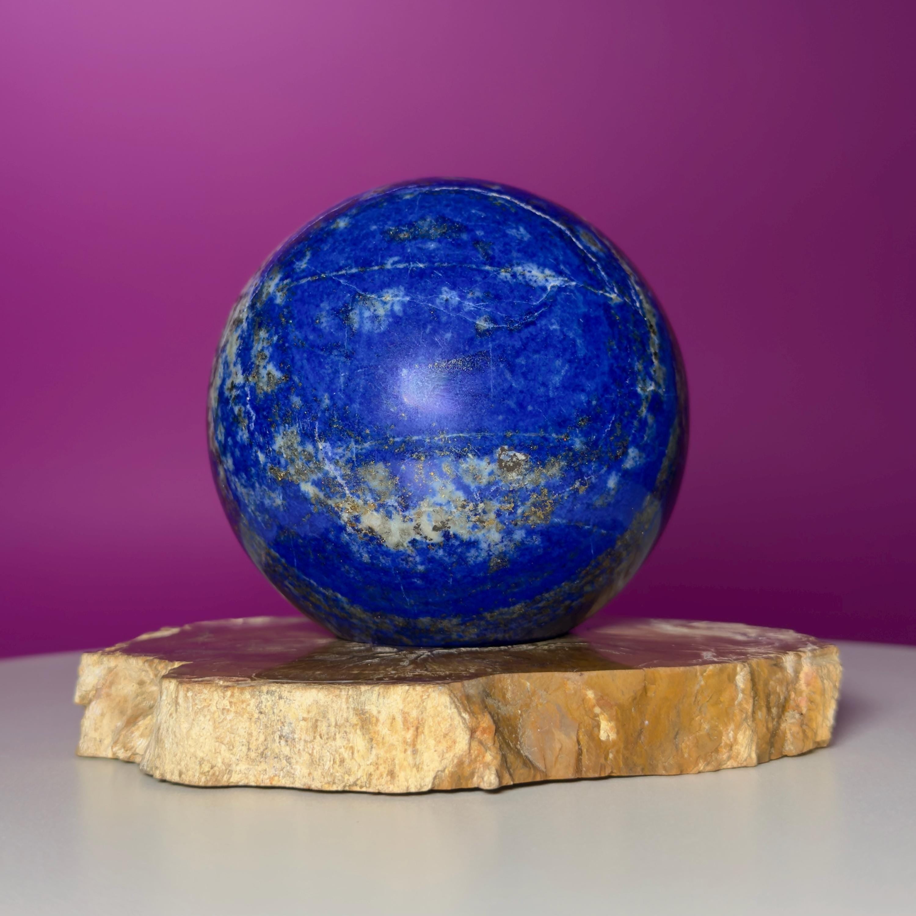 Lapis Lazuli Sphere on Petrified Wood Stand | Collector Quality Blue Crystal Display | One of a Kind | Akoni Crystals