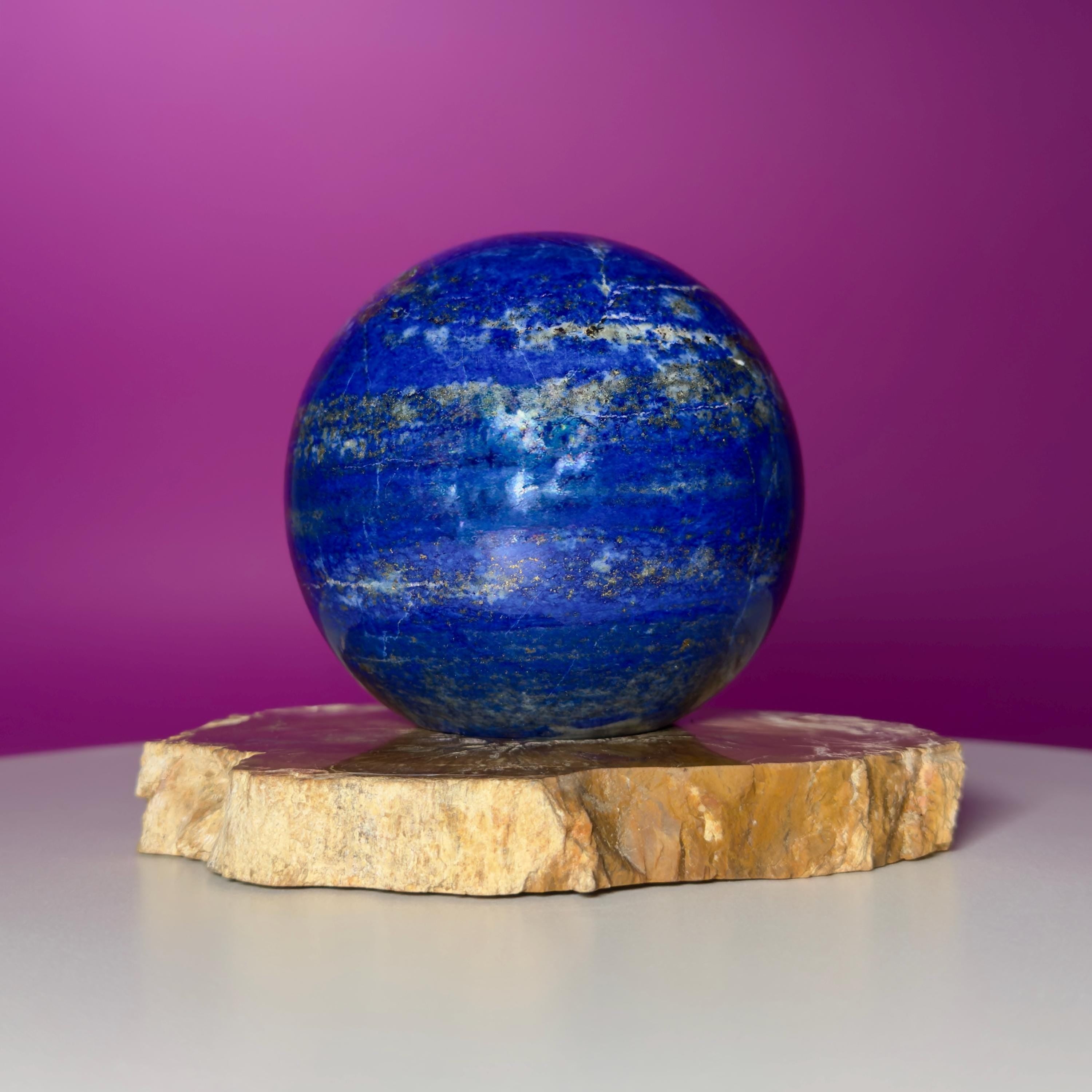 Lapis Lazuli Sphere on Petrified Wood Stand | Collector Quality Blue Crystal Display | One of a Kind | Akoni Crystals