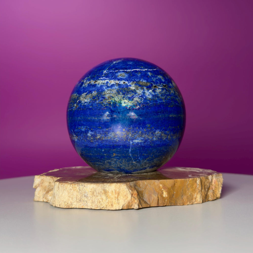Lapis Lazuli Sphere on Petrified Wood Stand | Collector Quality Blue Crystal Display | One of a Kind | Akoni Crystals