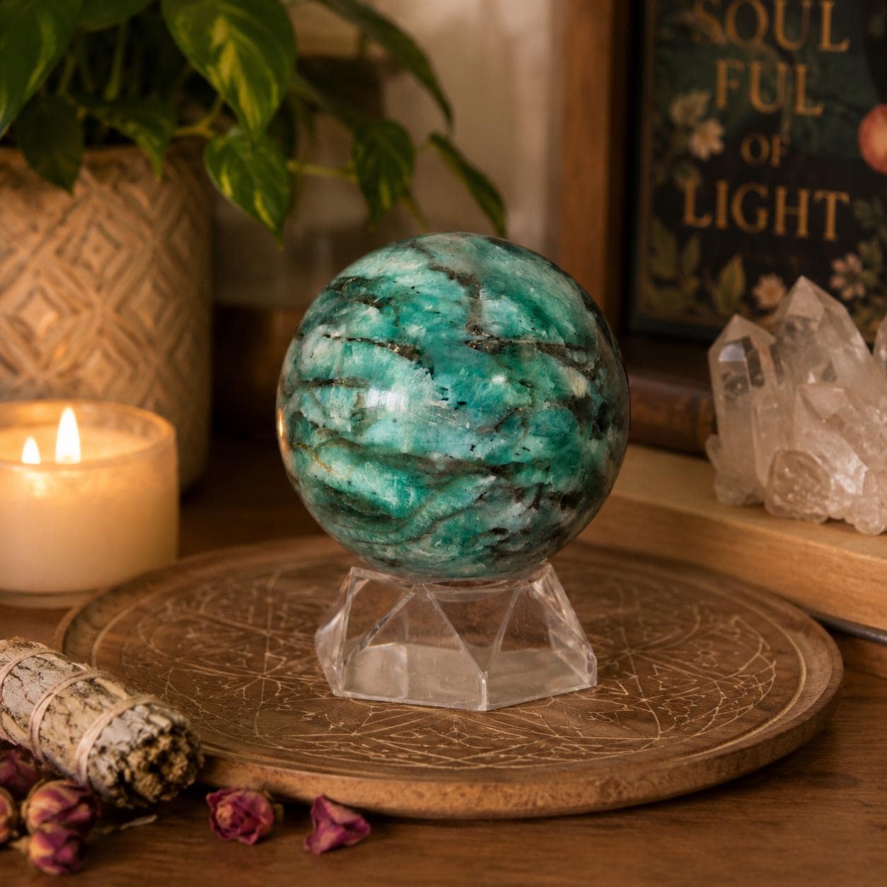 Amazonite & Smoky Quartz Sphere with Acrylic Stand – 66mm Collector Crystal