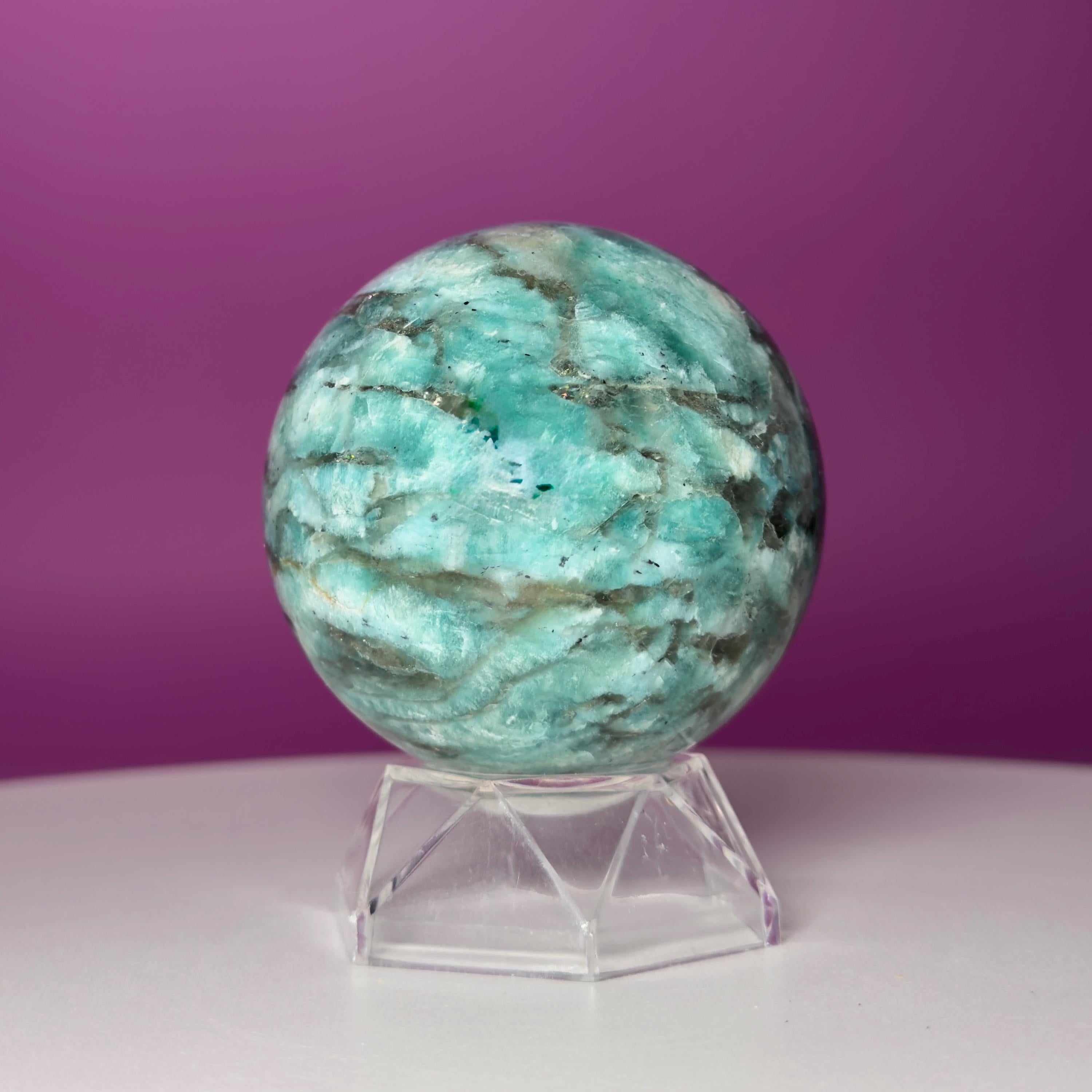 Amazonite & Smoky Quartz Sphere with Acrylic Stand – 66mm Collector Crystal