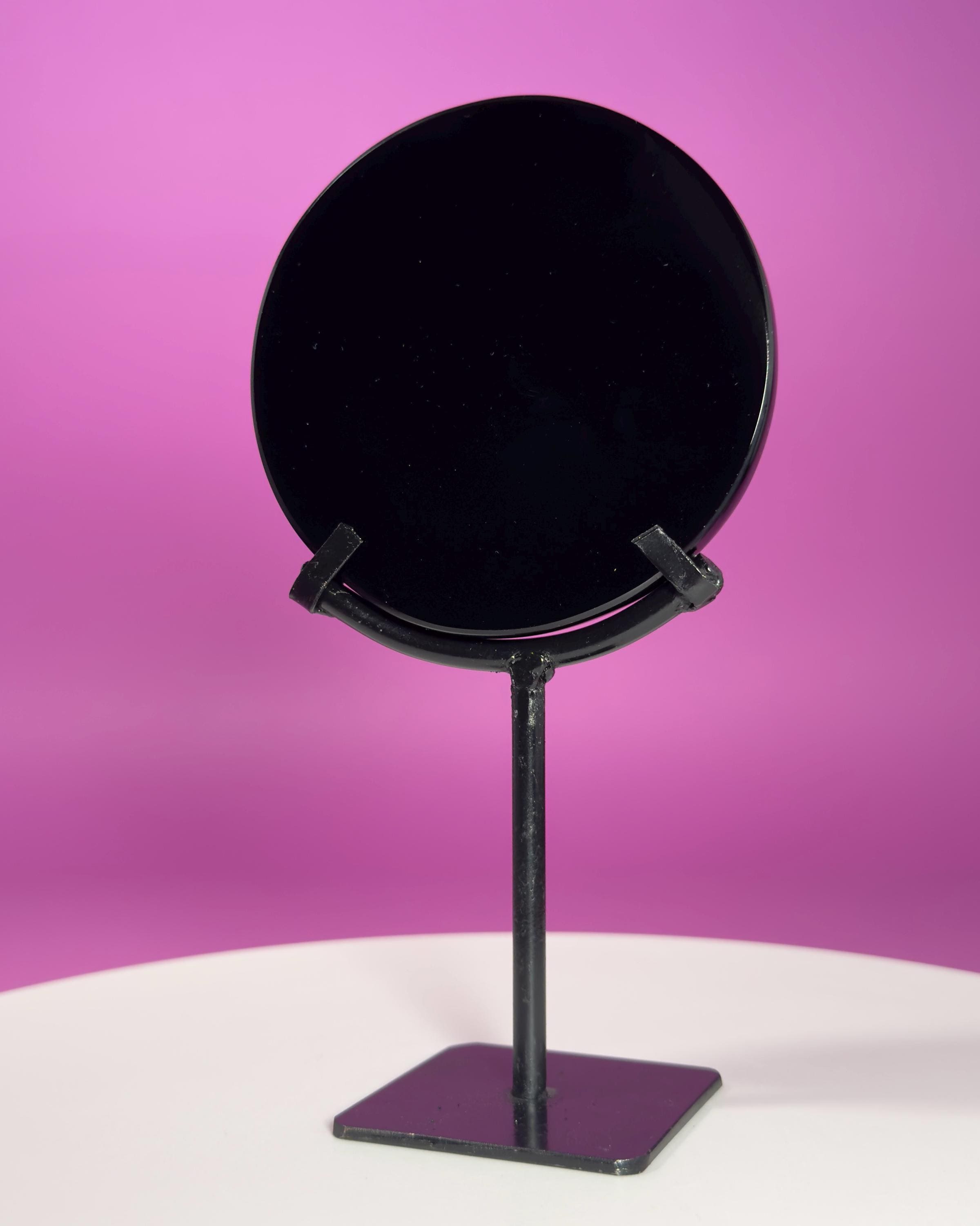 Black Obsidian Scrying Mirror with Black Metal Display Stand