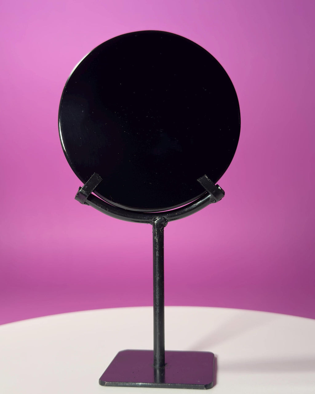 Black Obsidian Scrying Mirror with Black Metal Display Stand