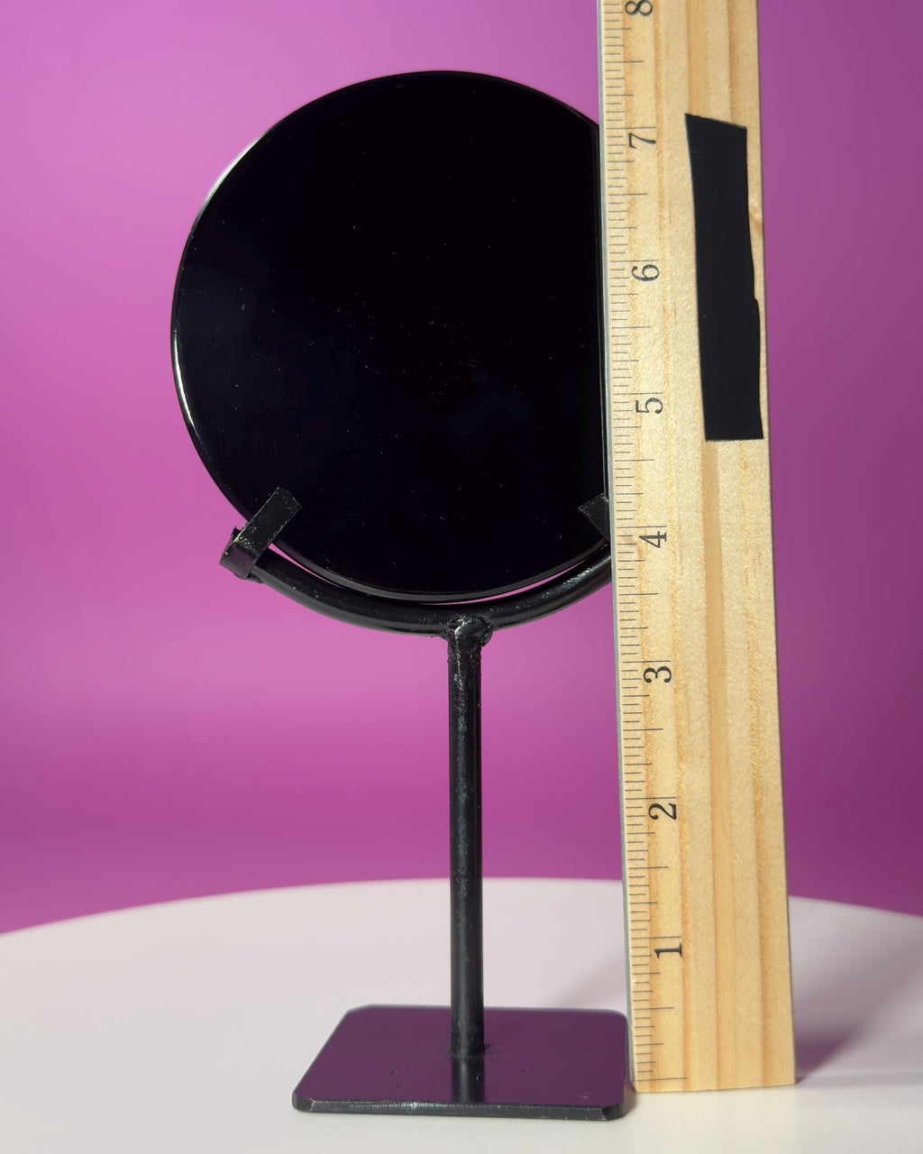 Black Obsidian Scrying Mirror with Black Metal Display Stand