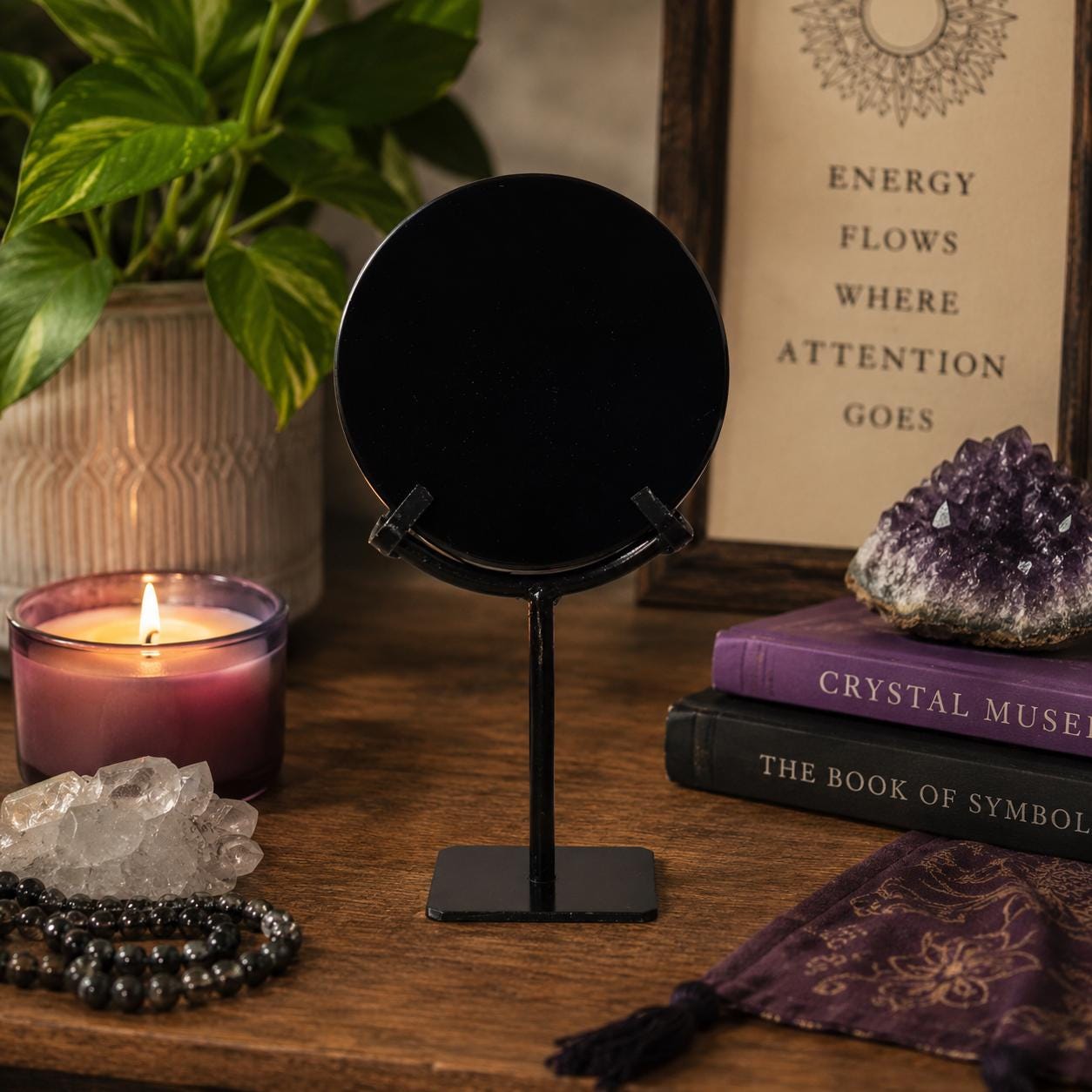 Black Obsidian Scrying Mirror with Black Metal Display Stand