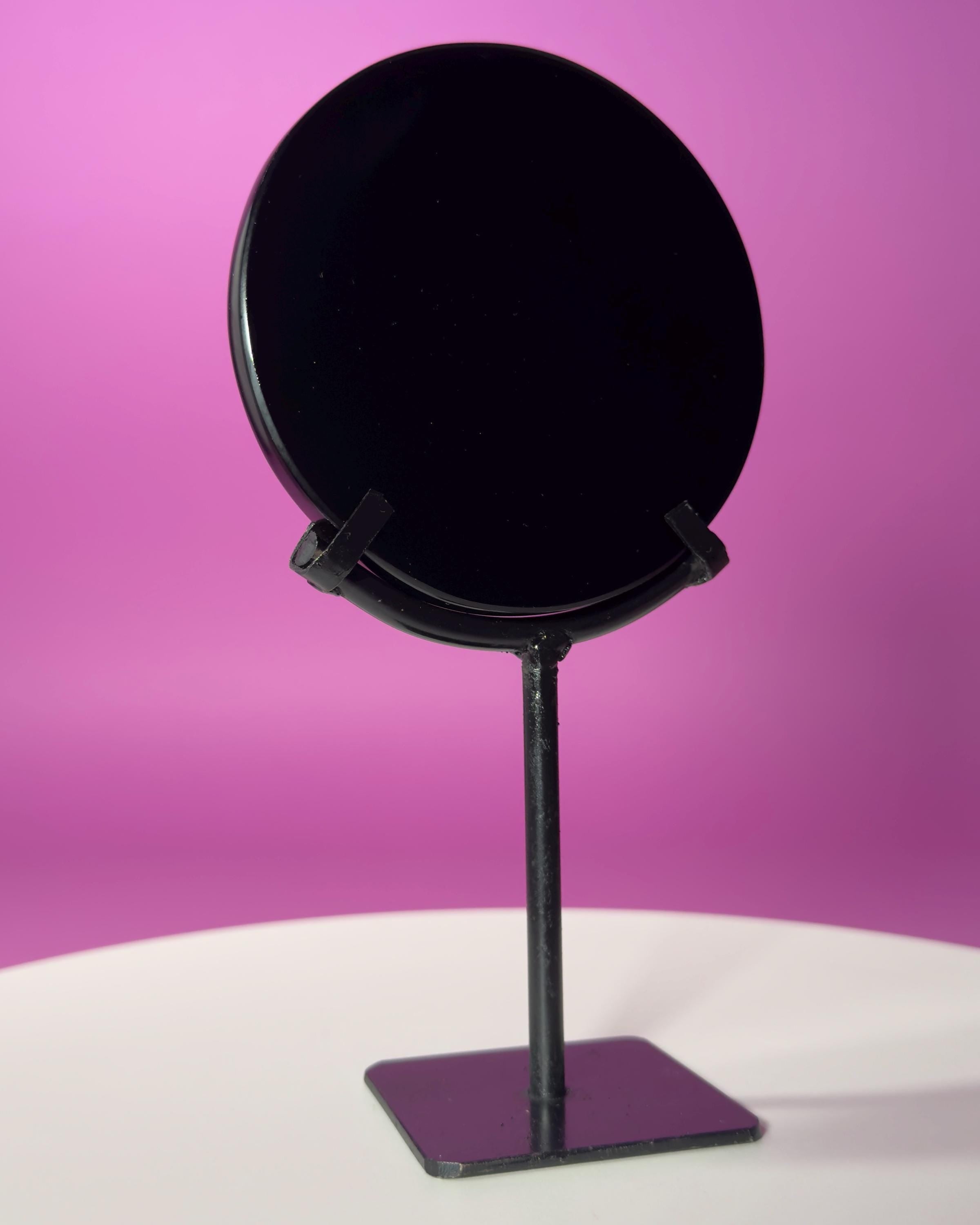 Black Obsidian Scrying Mirror with Black Metal Display Stand