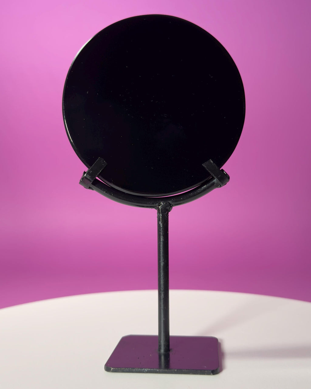 Black Obsidian Scrying Mirror with Black Metal Display Stand