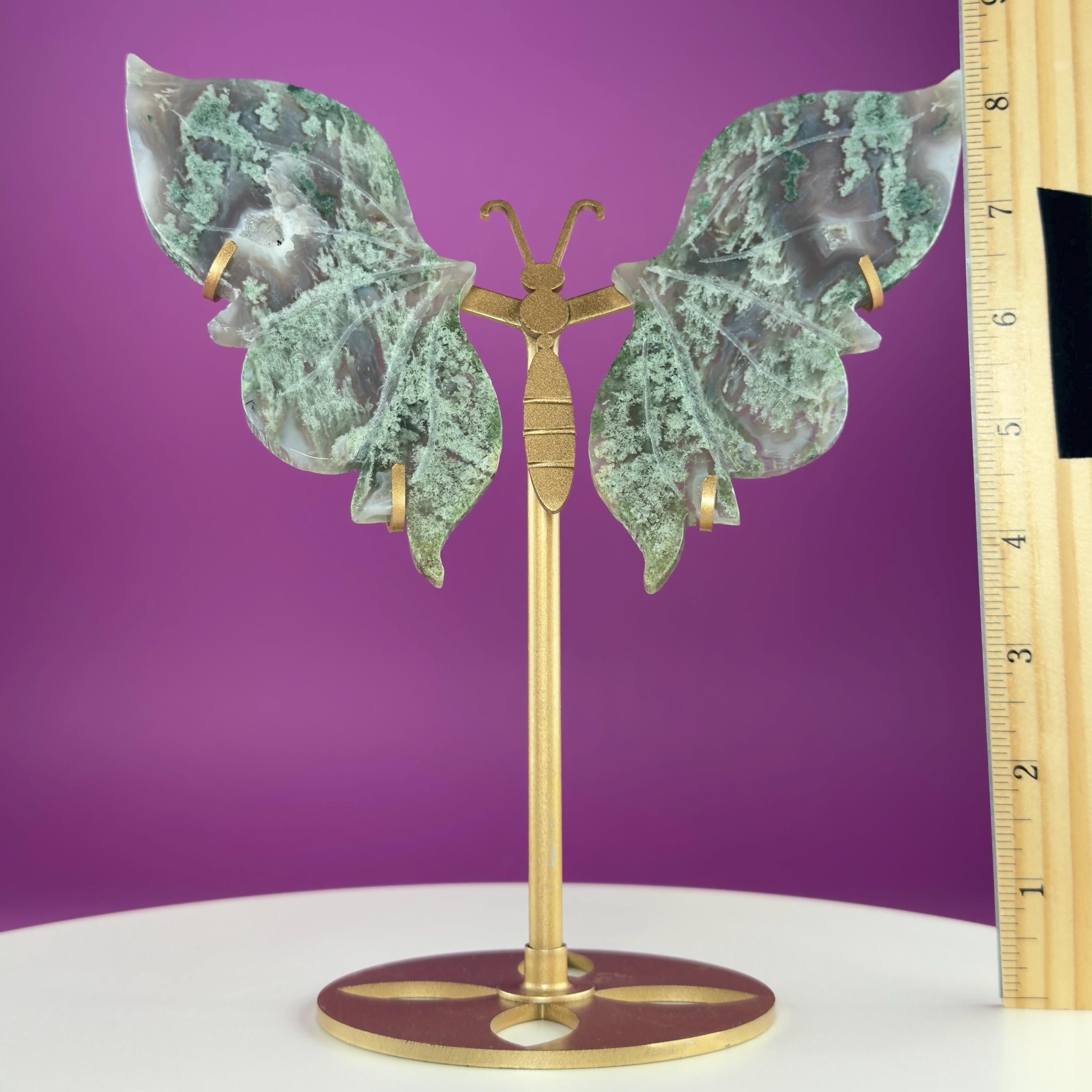 Moss Agate Butterfly Wings on Gold Stand