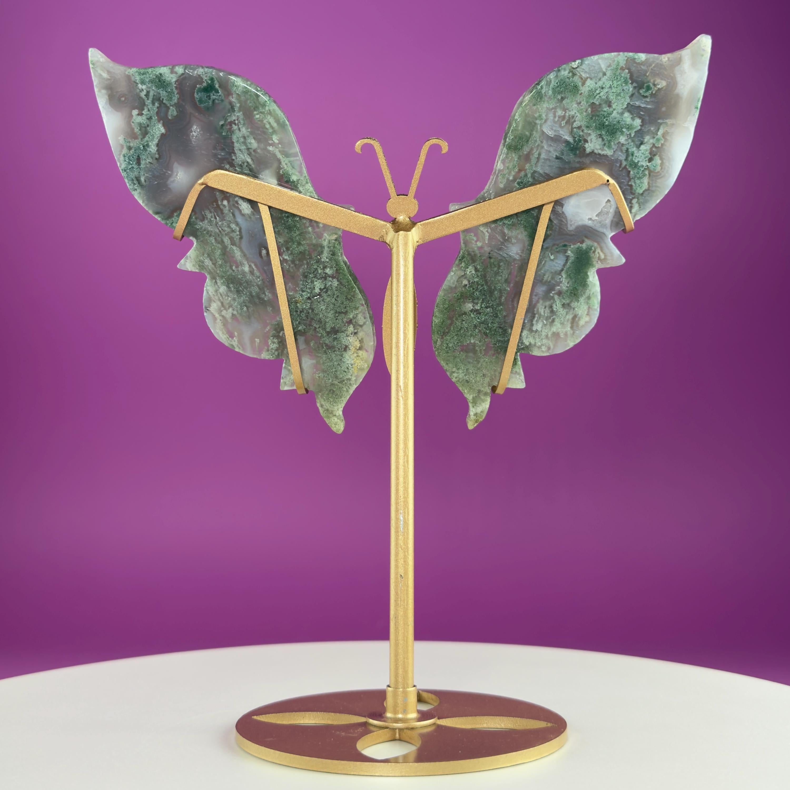 Moss Agate Butterfly Wings on Gold Stand