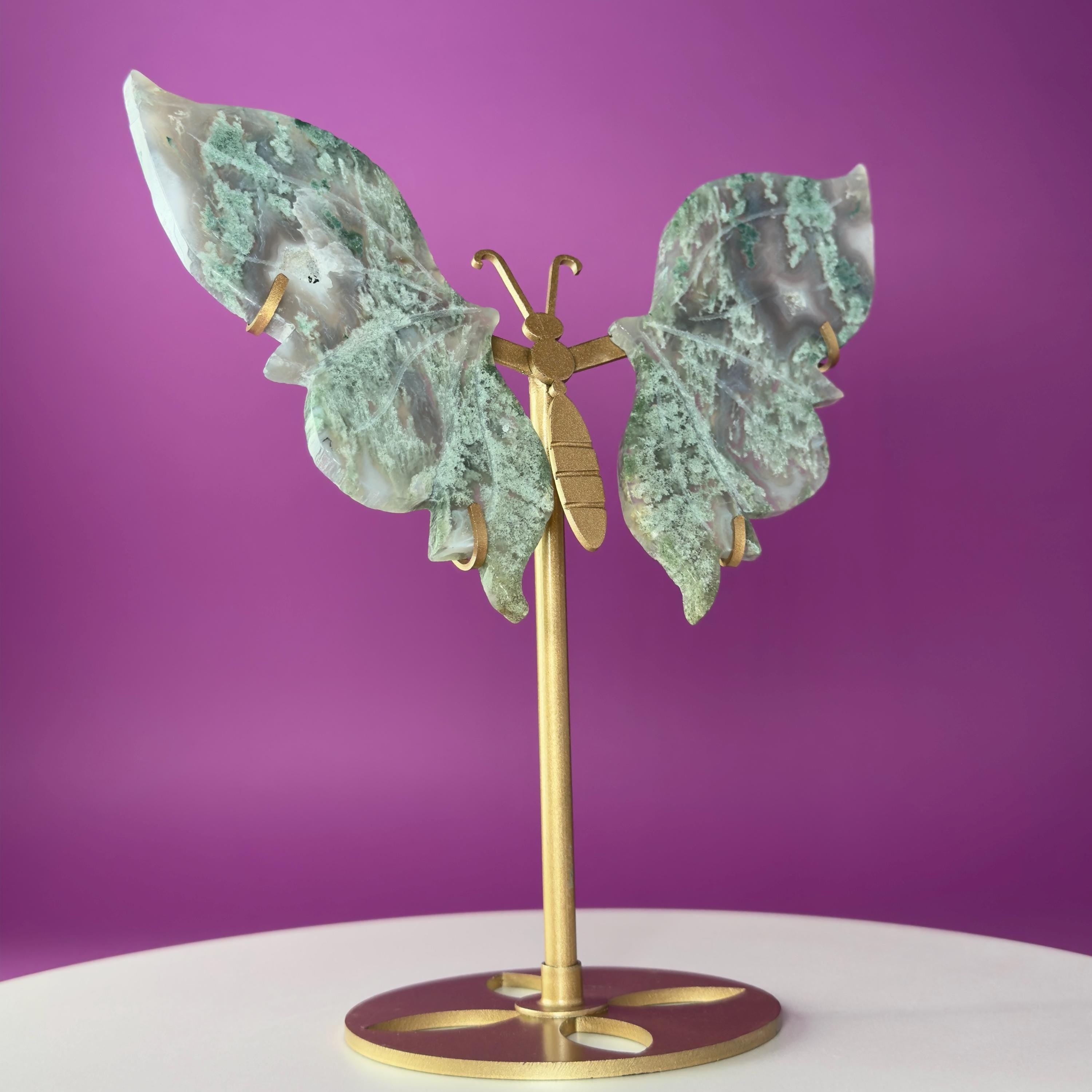 Moss Agate Butterfly Wings on Gold Stand
