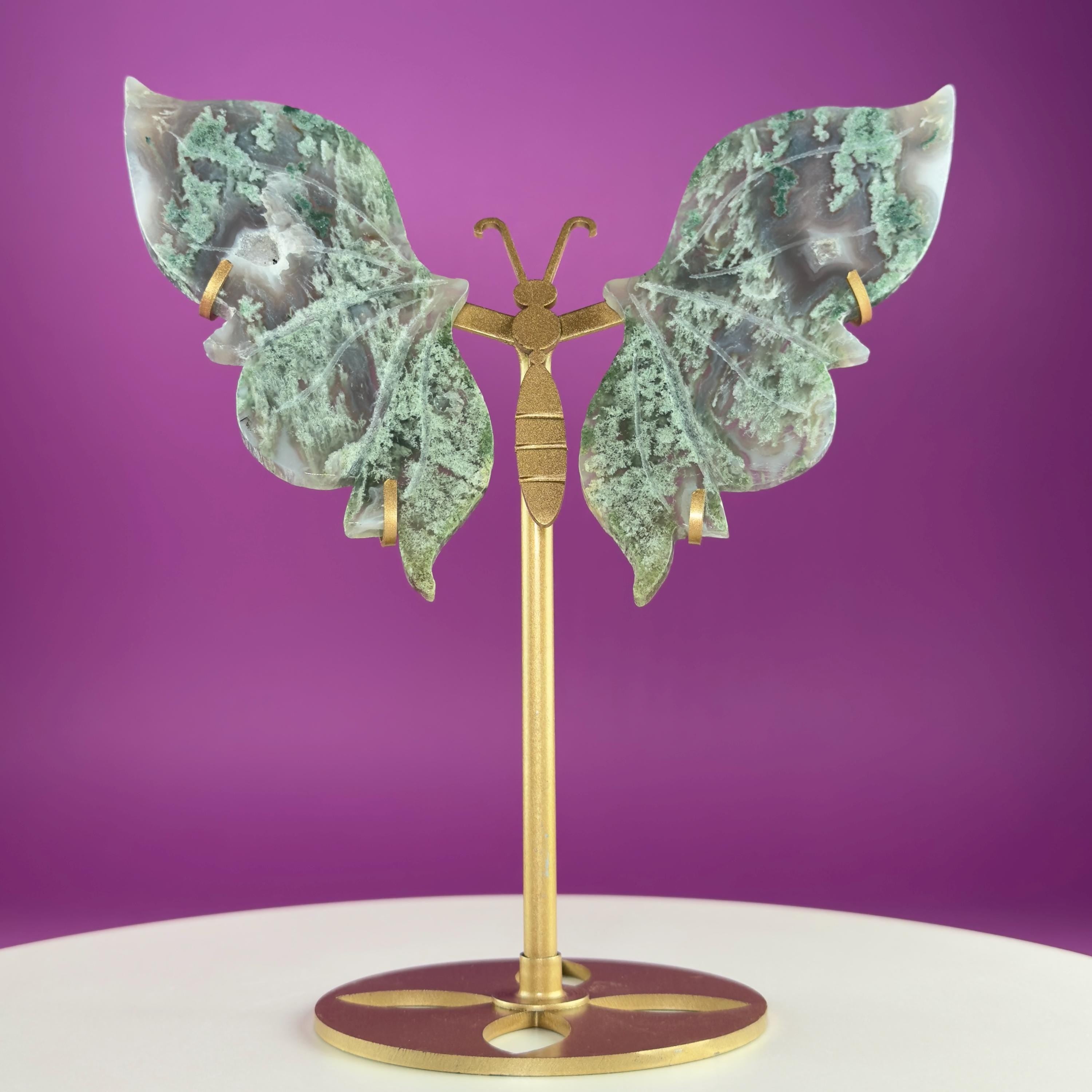 Moss Agate Butterfly Wings on Gold Stand