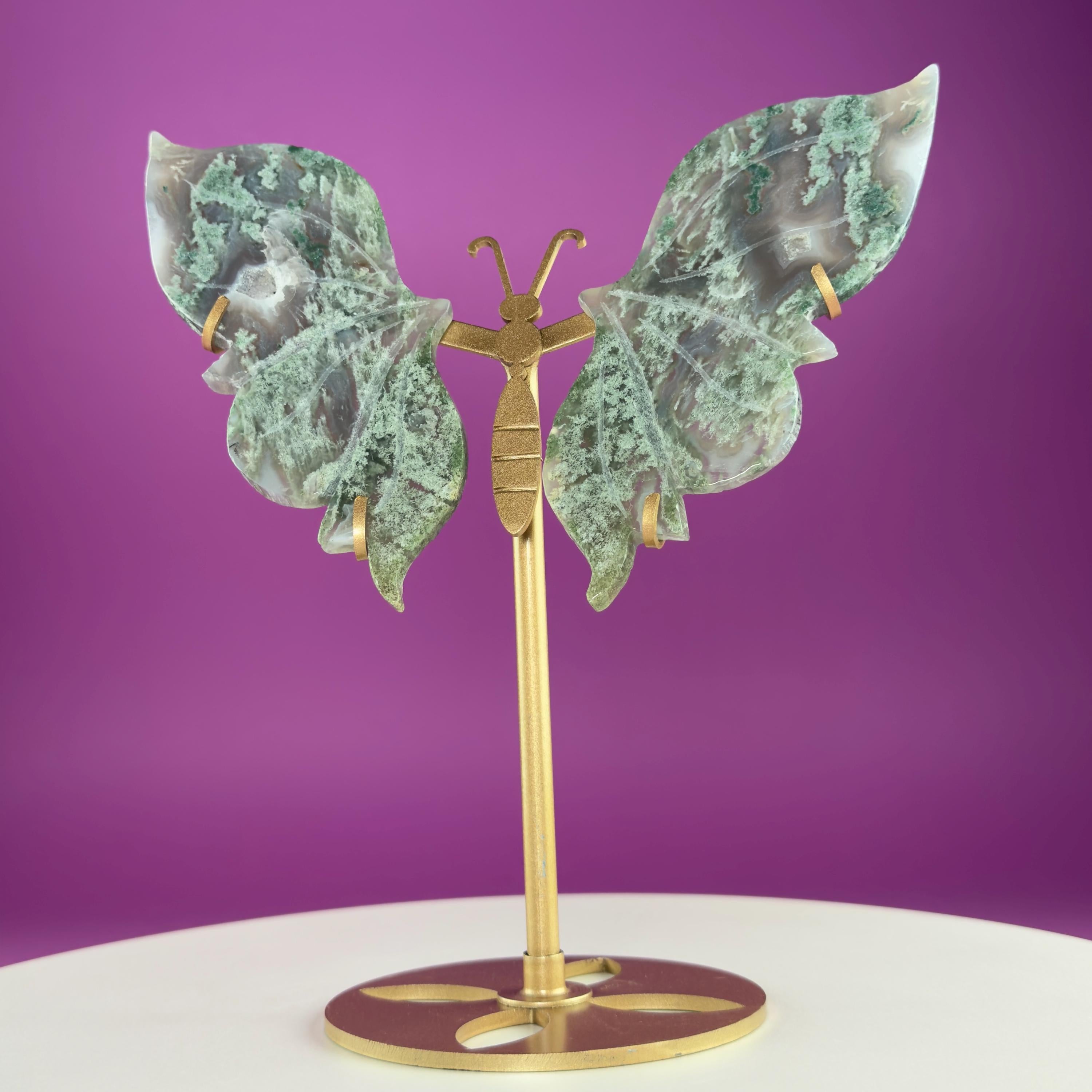 Moss Agate Butterfly Wings on Gold Stand