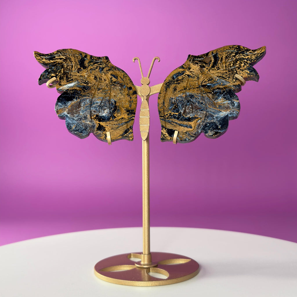 Namibian Pietersite Butterfly with Gold Metal Display Stand