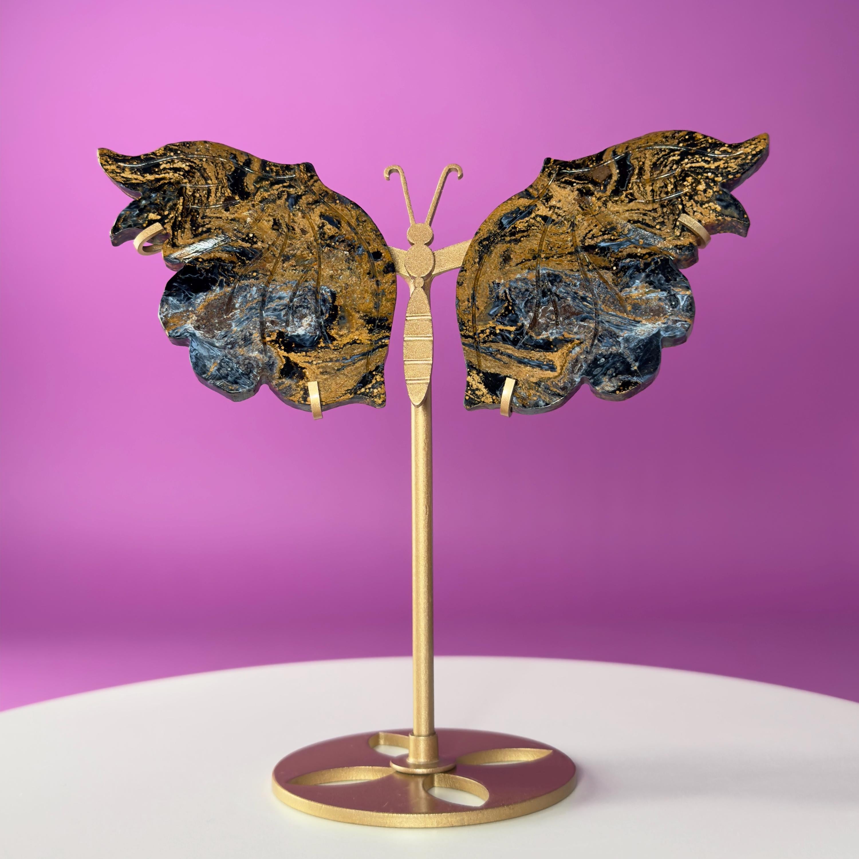 Namibian Pietersite Butterfly with Gold Metal Display Stand