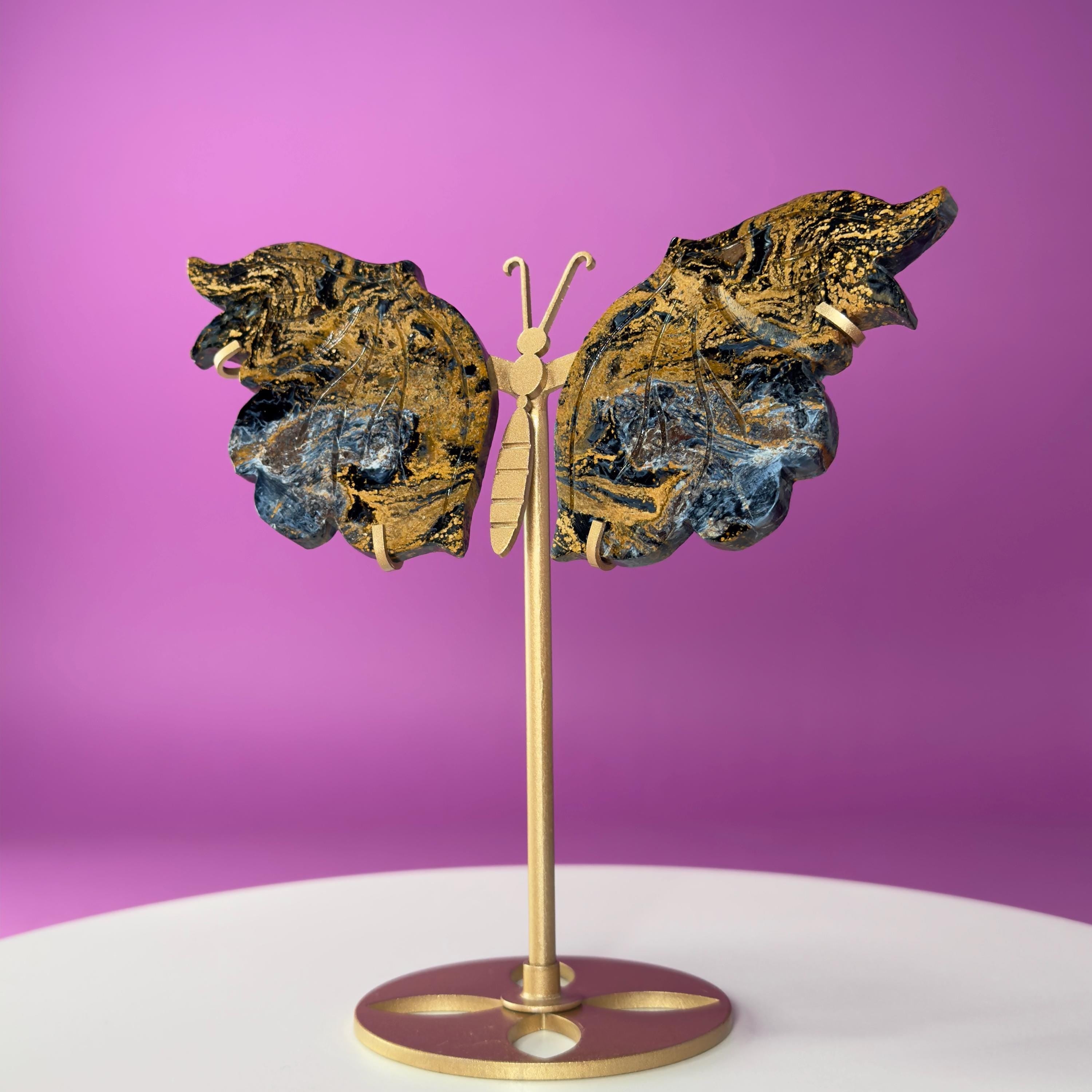 Namibian Pietersite Butterfly with Gold Metal Display Stand
