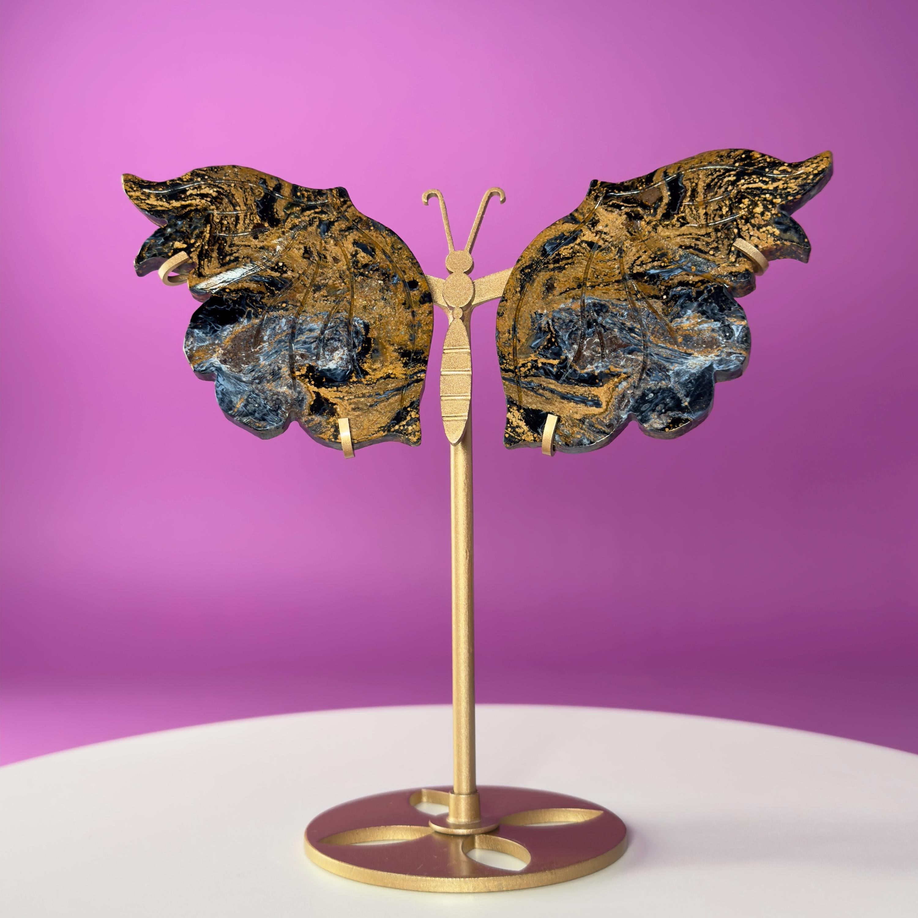 Namibian Pietersite Butterfly with Gold Metal Display Stand