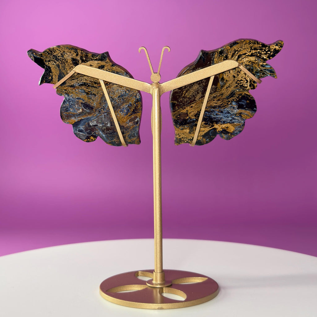 Namibian Pietersite Butterfly with Gold Metal Display Stand