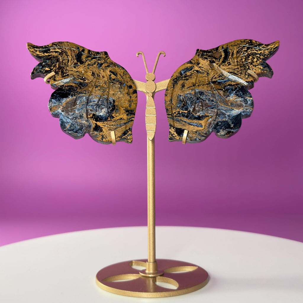 Namibian Pietersite Butterfly with Gold Metal Display Stand