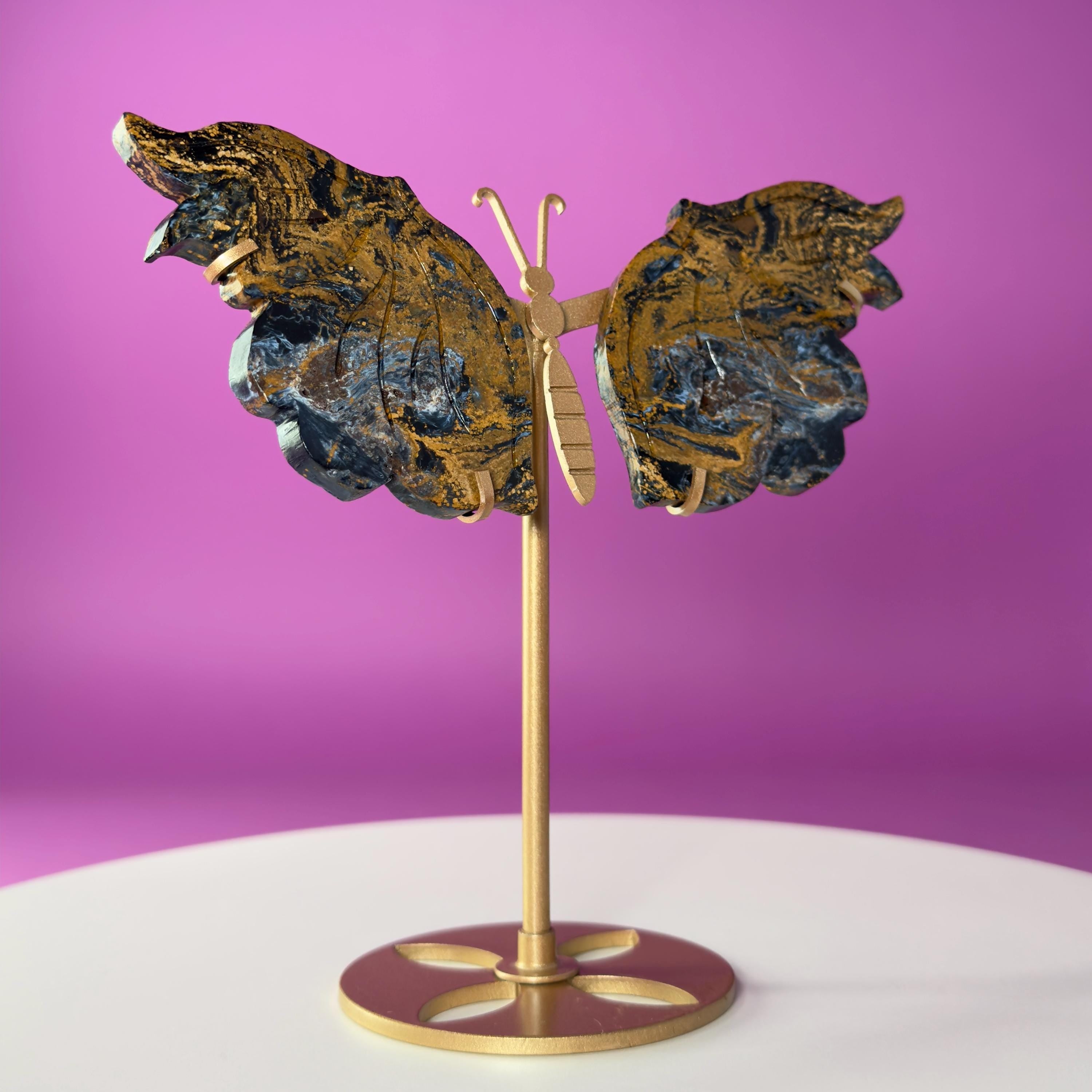 Namibian Pietersite Butterfly with Gold Metal Display Stand