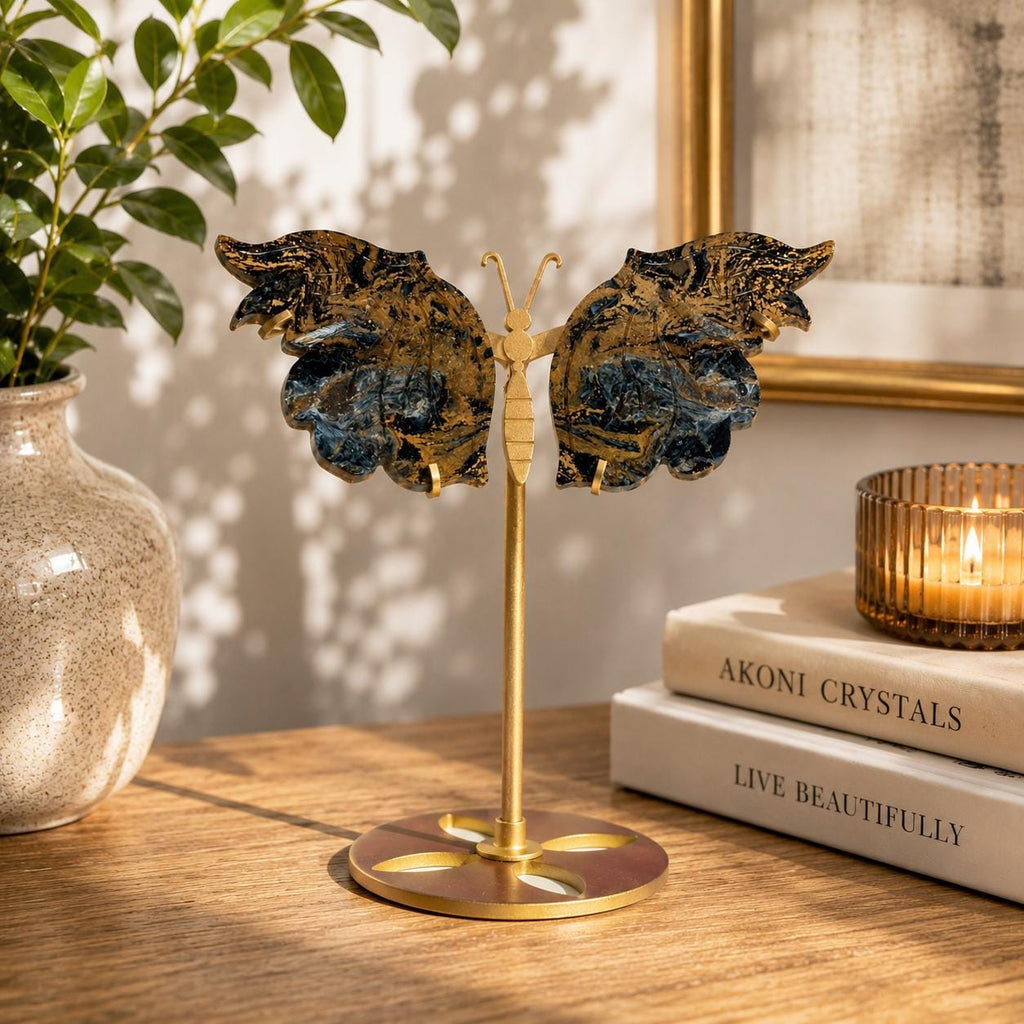 Namibian Pietersite Butterfly with Gold Metal Display Stand