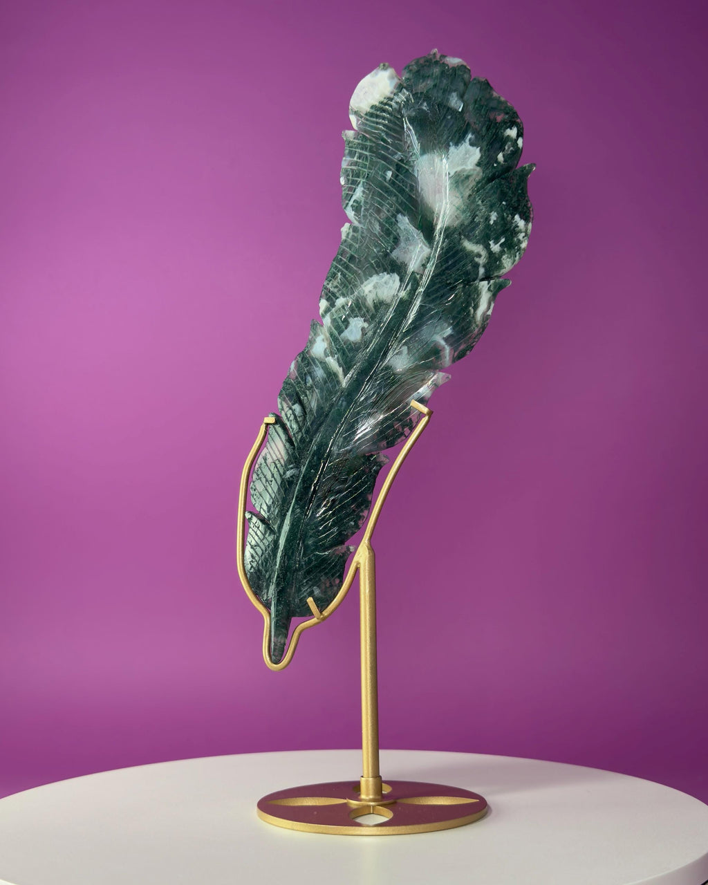 Large Moss Agate Feather on Gold Display Stand | Collector Crystal Décor