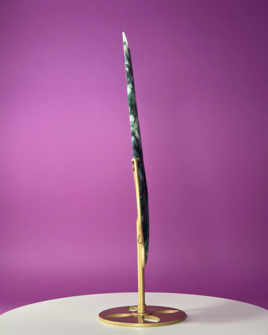Large Moss Agate Feather on Gold Display Stand | Collector Crystal Décor