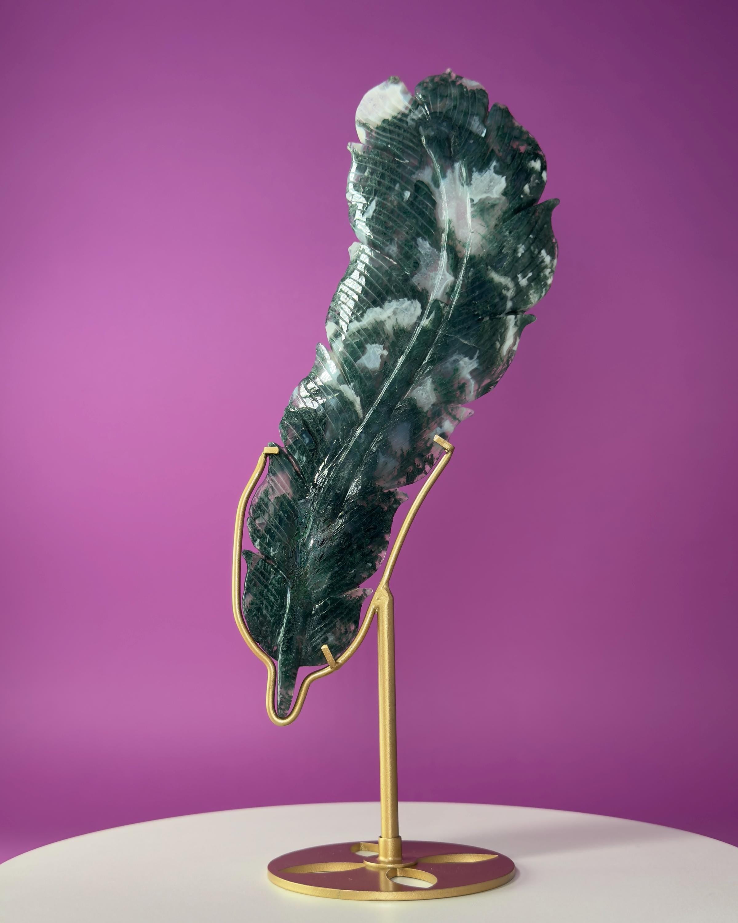 Large Moss Agate Feather on Gold Display Stand | Collector Crystal Décor