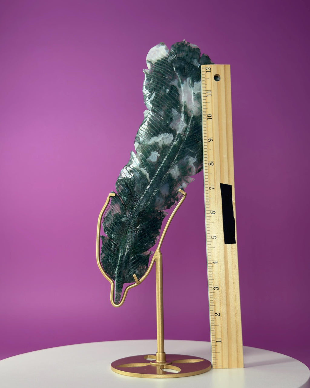 Large Moss Agate Feather on Gold Display Stand | Collector Crystal Décor