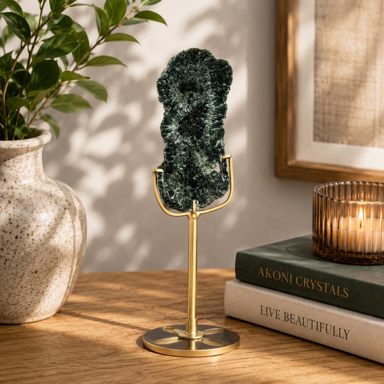 Russian Seraphinite Slab on Gold Stand | Natural Chatoyant Crystal Display