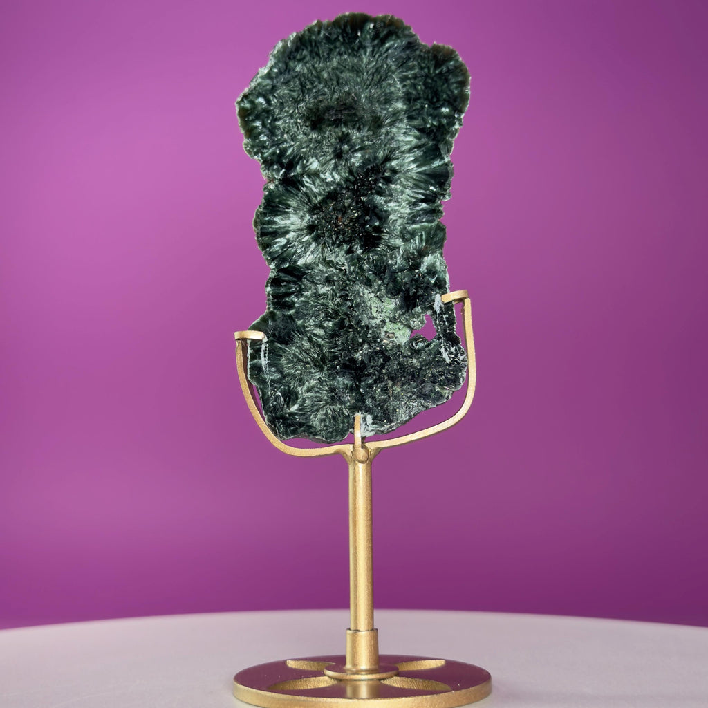 Russian Seraphinite Slab on Gold Stand | Natural Chatoyant Crystal Display