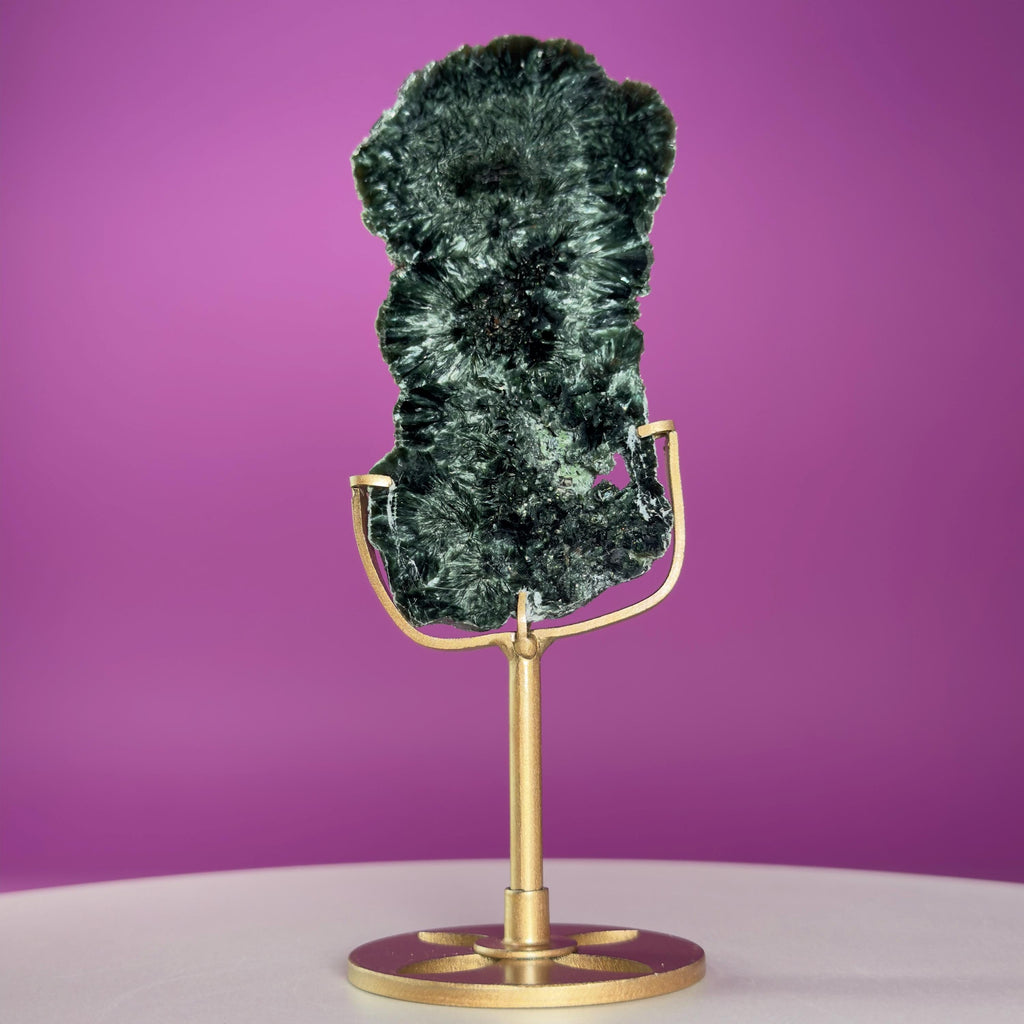 Russian Seraphinite Slab on Gold Stand | Natural Chatoyant Crystal Display