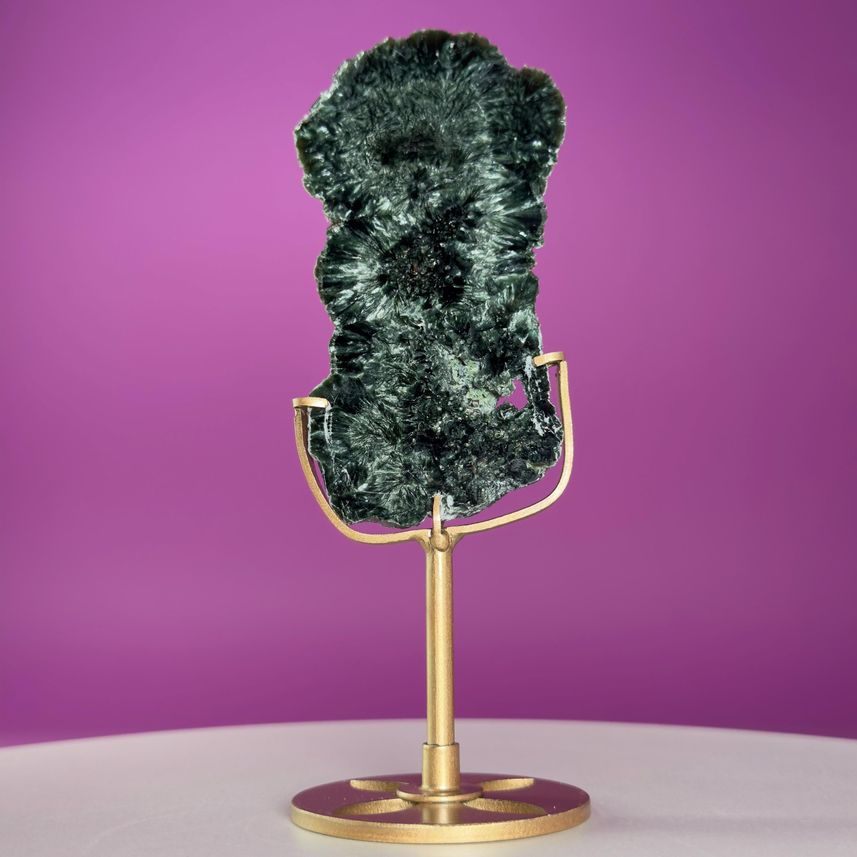 Russian Seraphinite Slab on Gold Stand | Natural Chatoyant Crystal Display