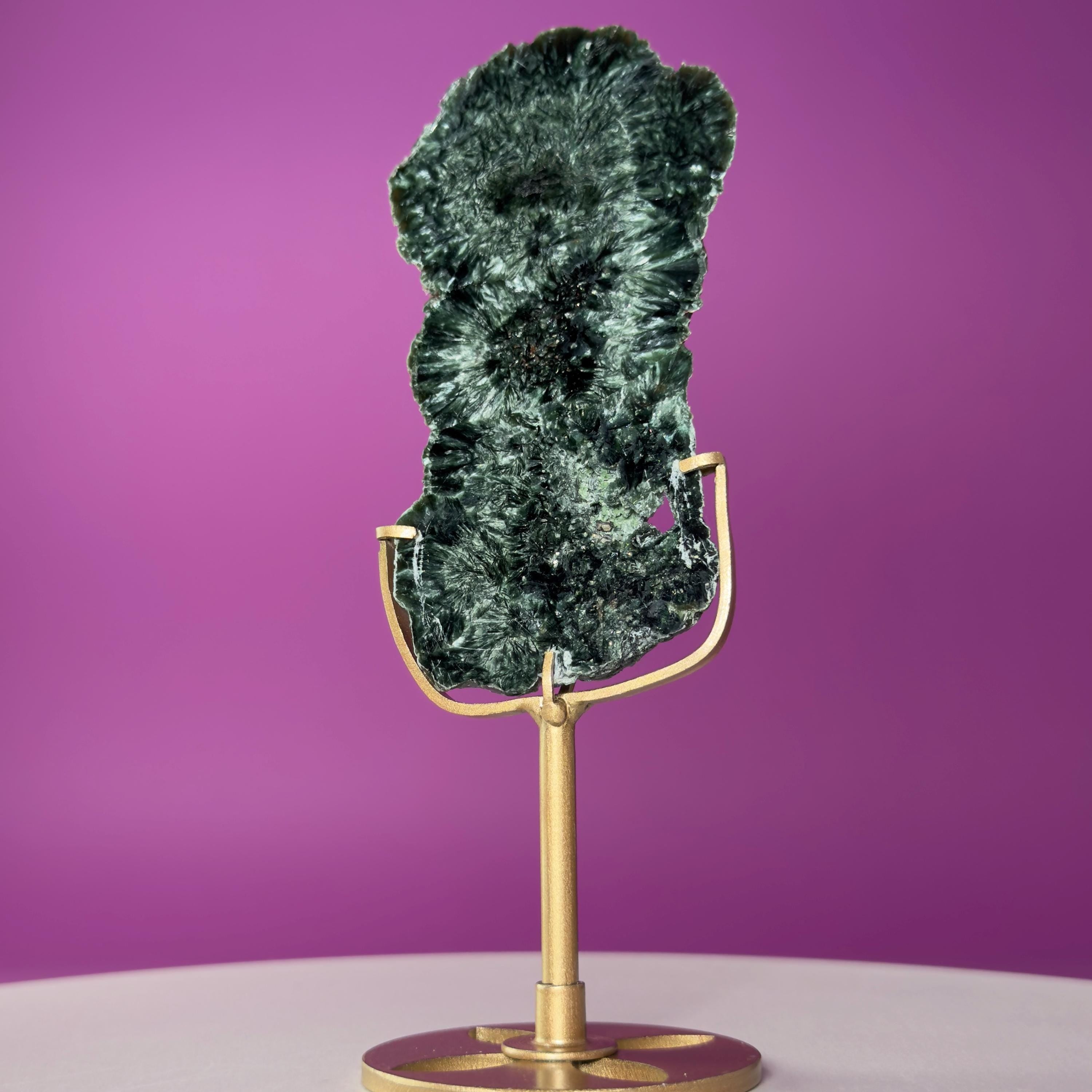 Russian Seraphinite Slab on Gold Stand | Natural Chatoyant Crystal Display