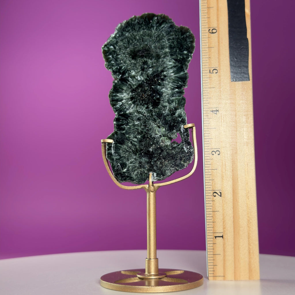 Russian Seraphinite Slab on Gold Stand | Natural Chatoyant Crystal Display