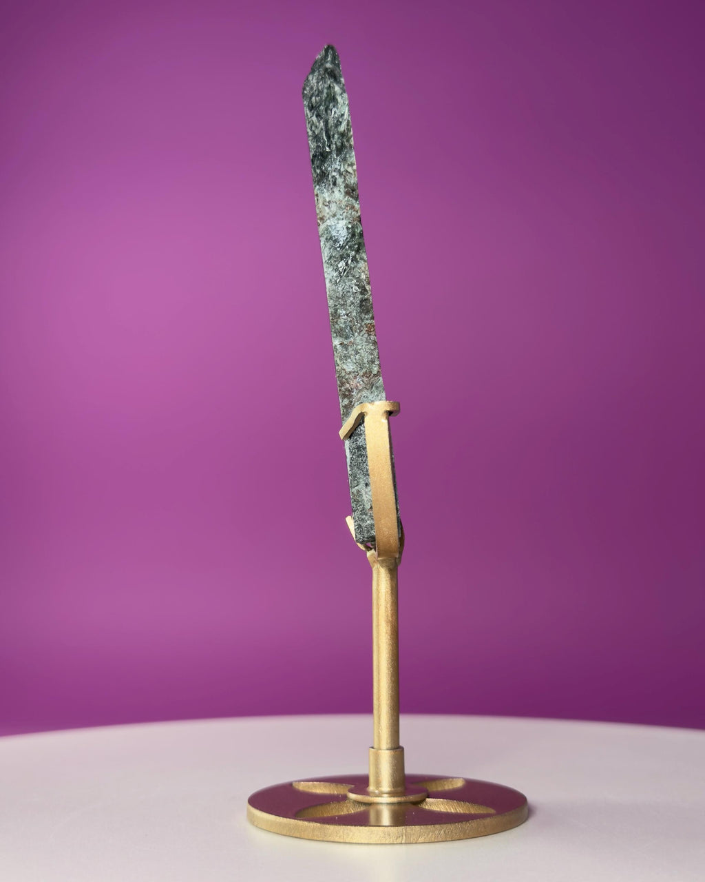 Russian Seraphinite Slab on Gold Stand | Natural Chatoyant Crystal Display