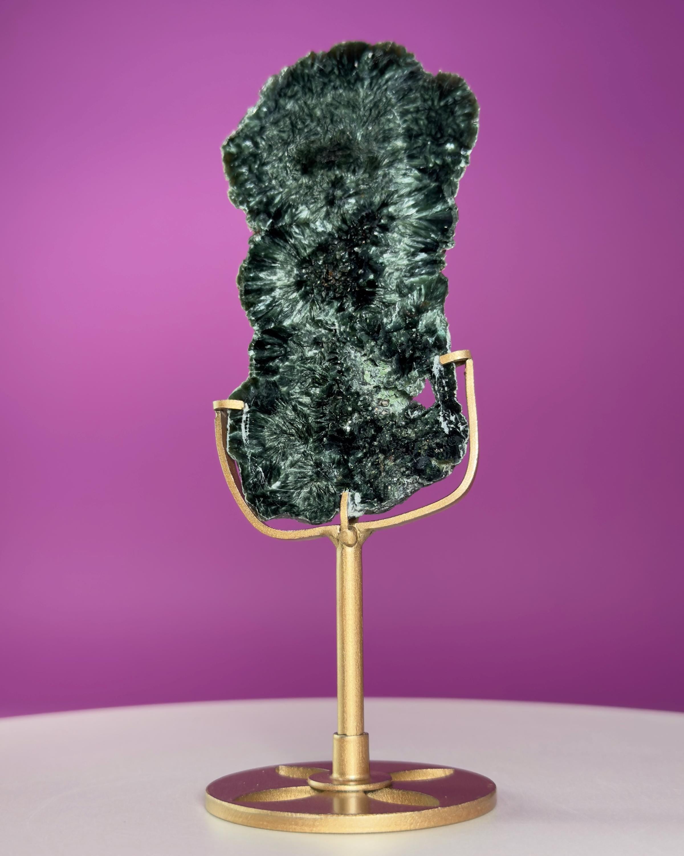 Russian Seraphinite Slab on Gold Stand | Natural Chatoyant Crystal Display