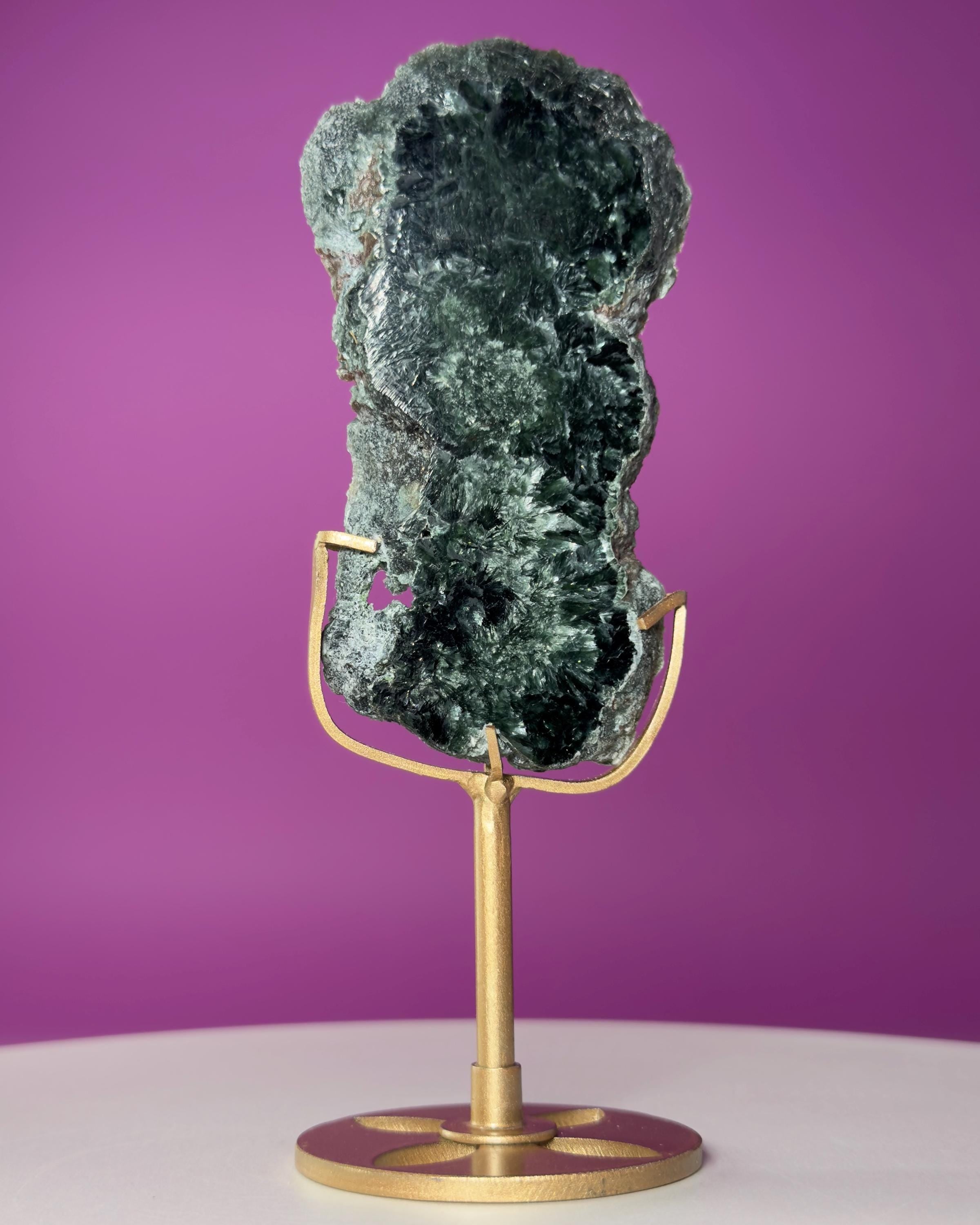 Russian Seraphinite Slab on Gold Stand | Natural Chatoyant Crystal Display