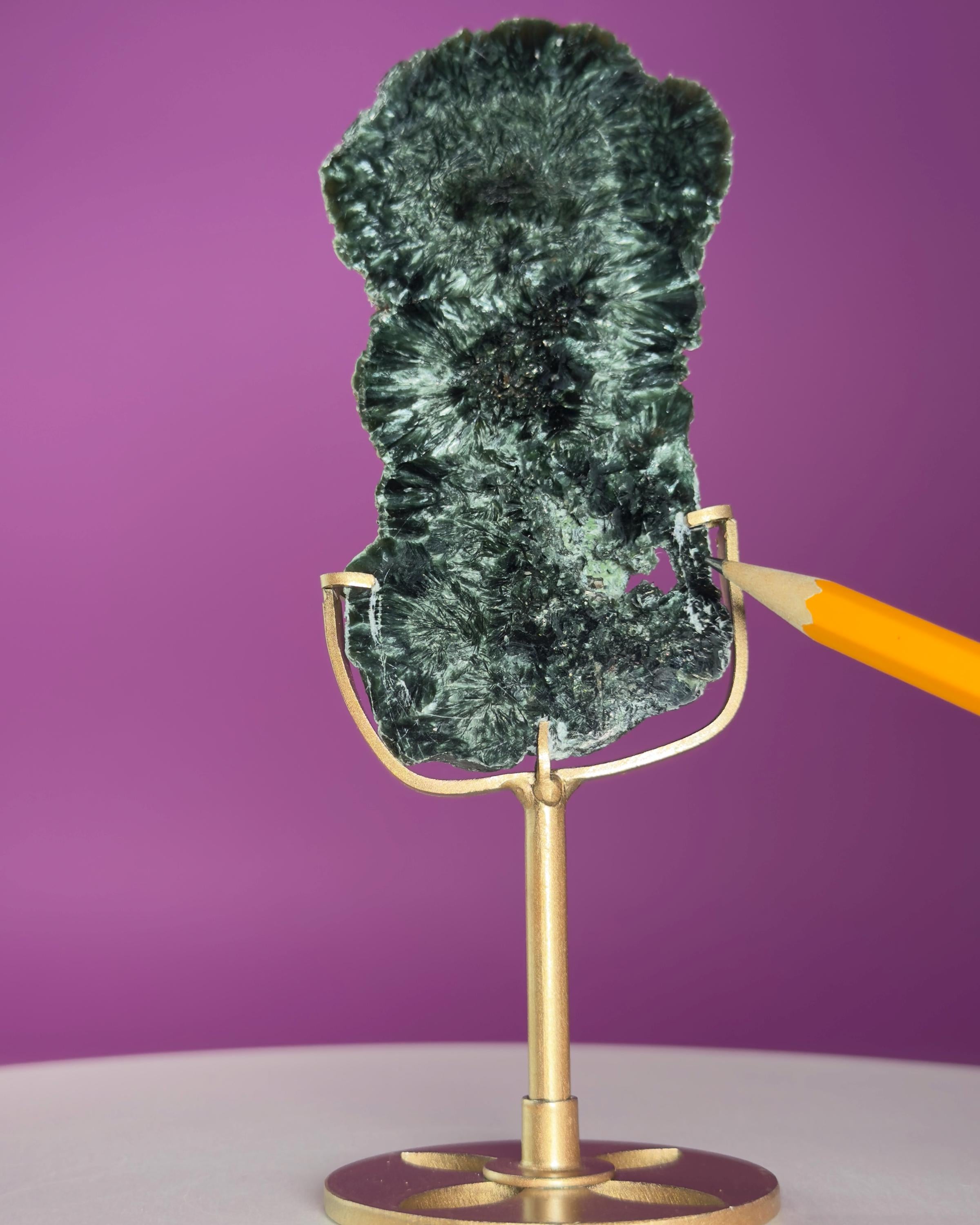 Russian Seraphinite Slab on Gold Stand | Natural Chatoyant Crystal Display