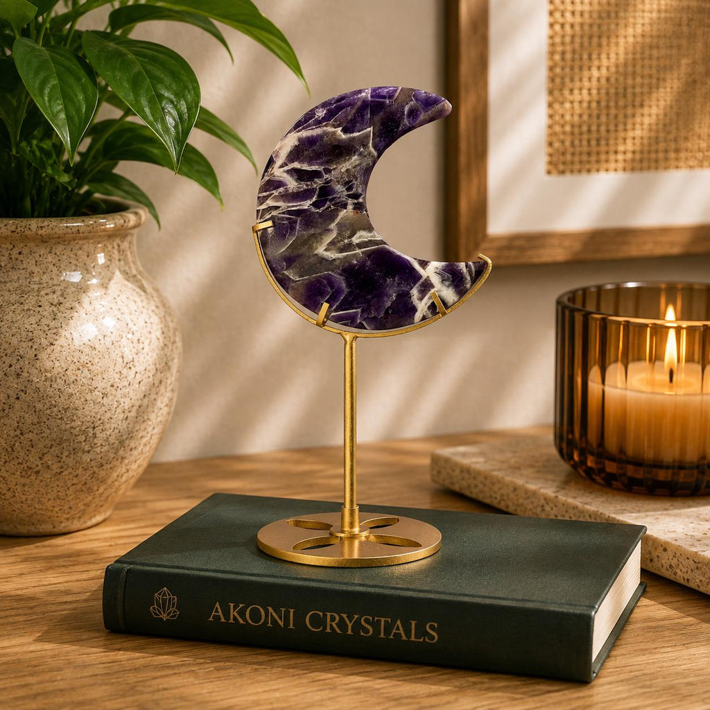 Dream Amethyst Crescent Moon on Gold Metal Stand